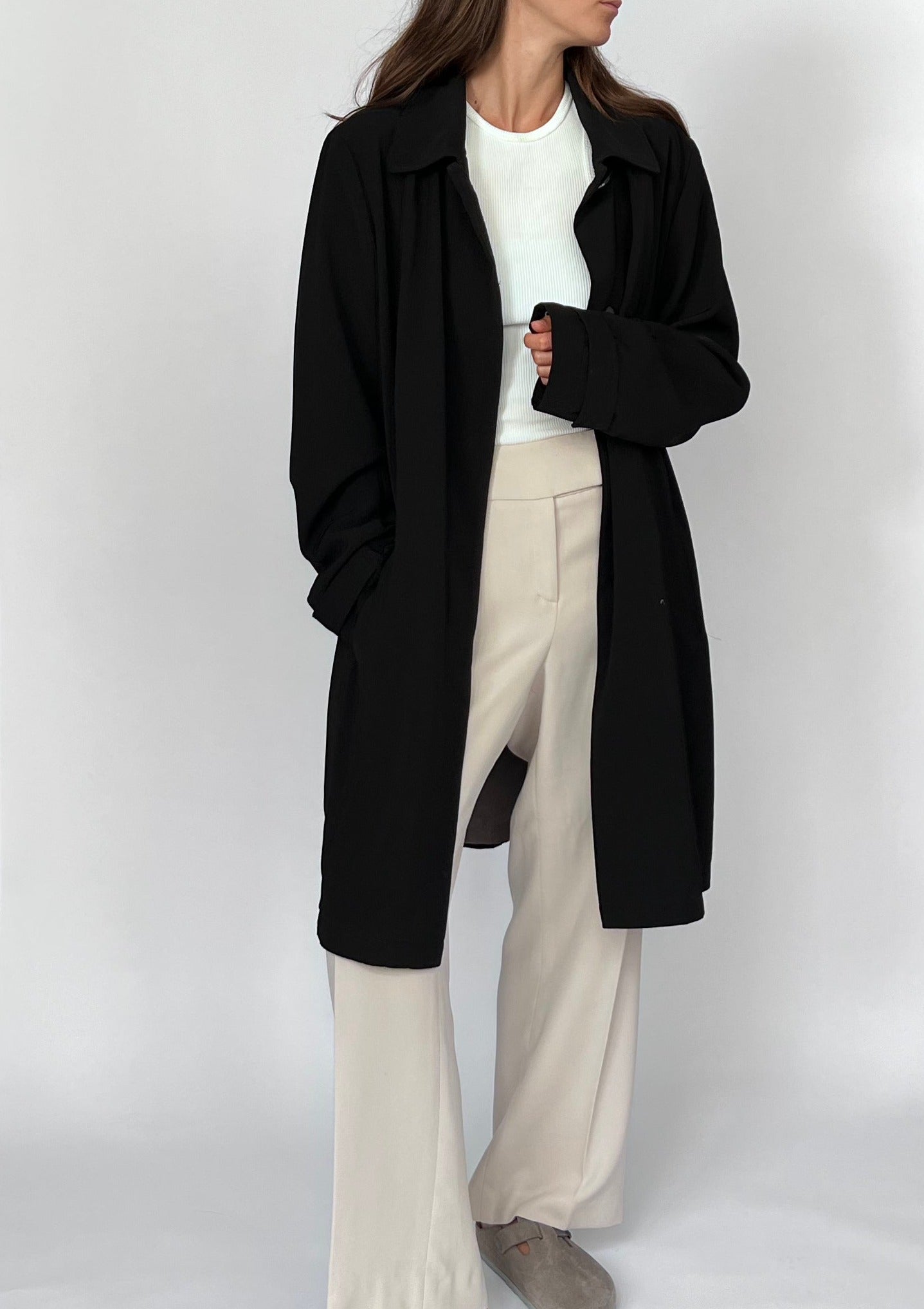 90s Black Fluid Trench Coat M/L
