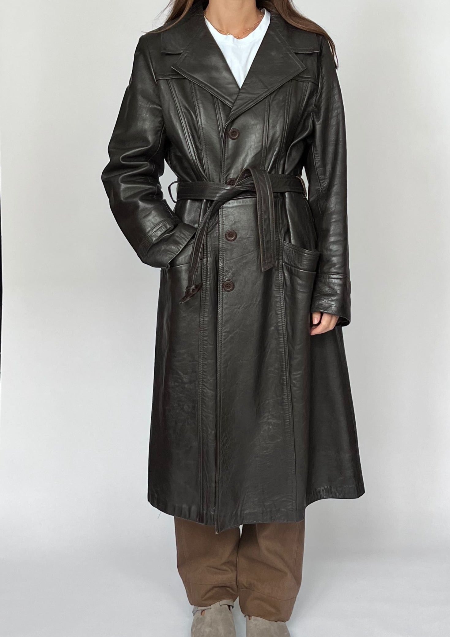 Brown Leather Maxi Trench Coat S/M – Reforme Studios