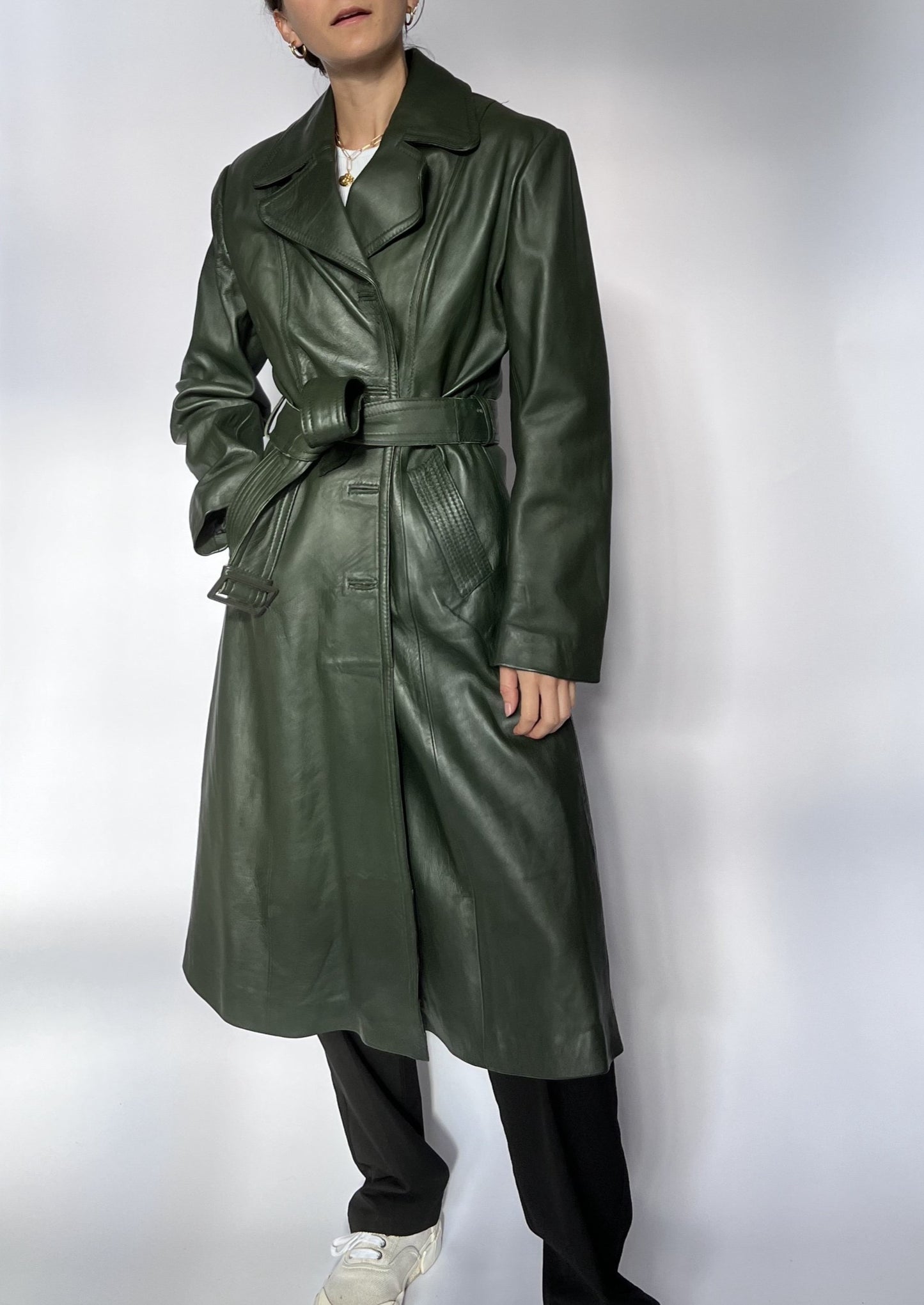 70s Dark Green Leather Trench Coat S/M