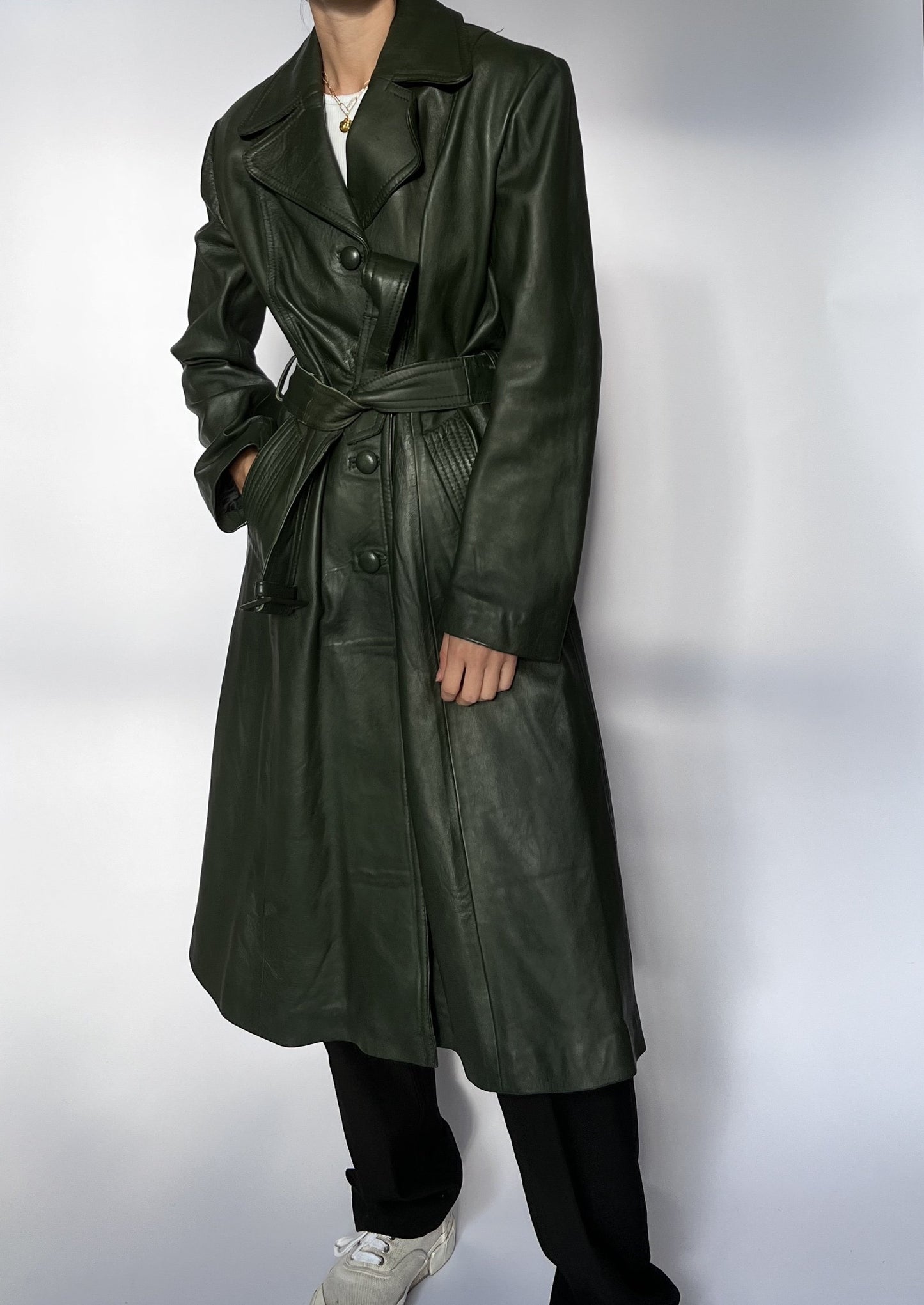 70s Dark Green Leather Trench Coat S/M