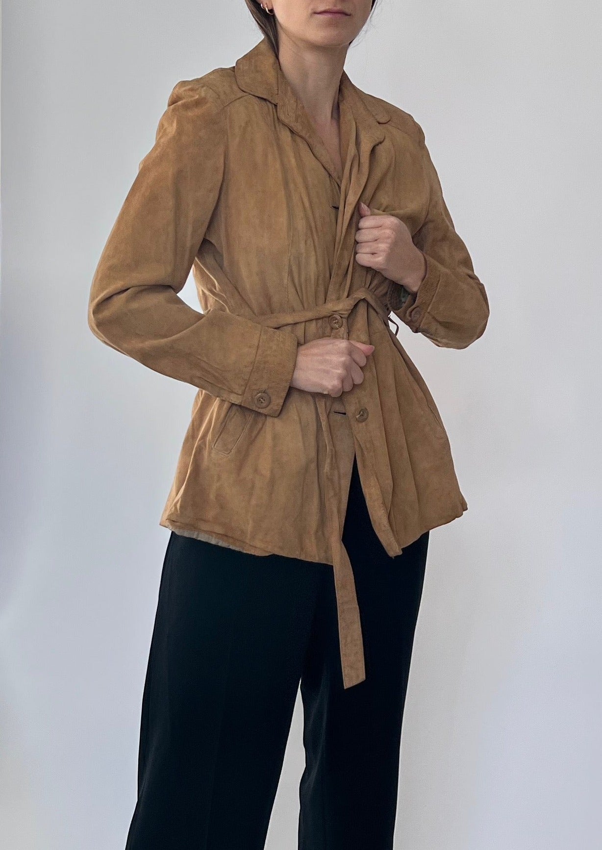 Neutral Suede Belted Shacket S/M