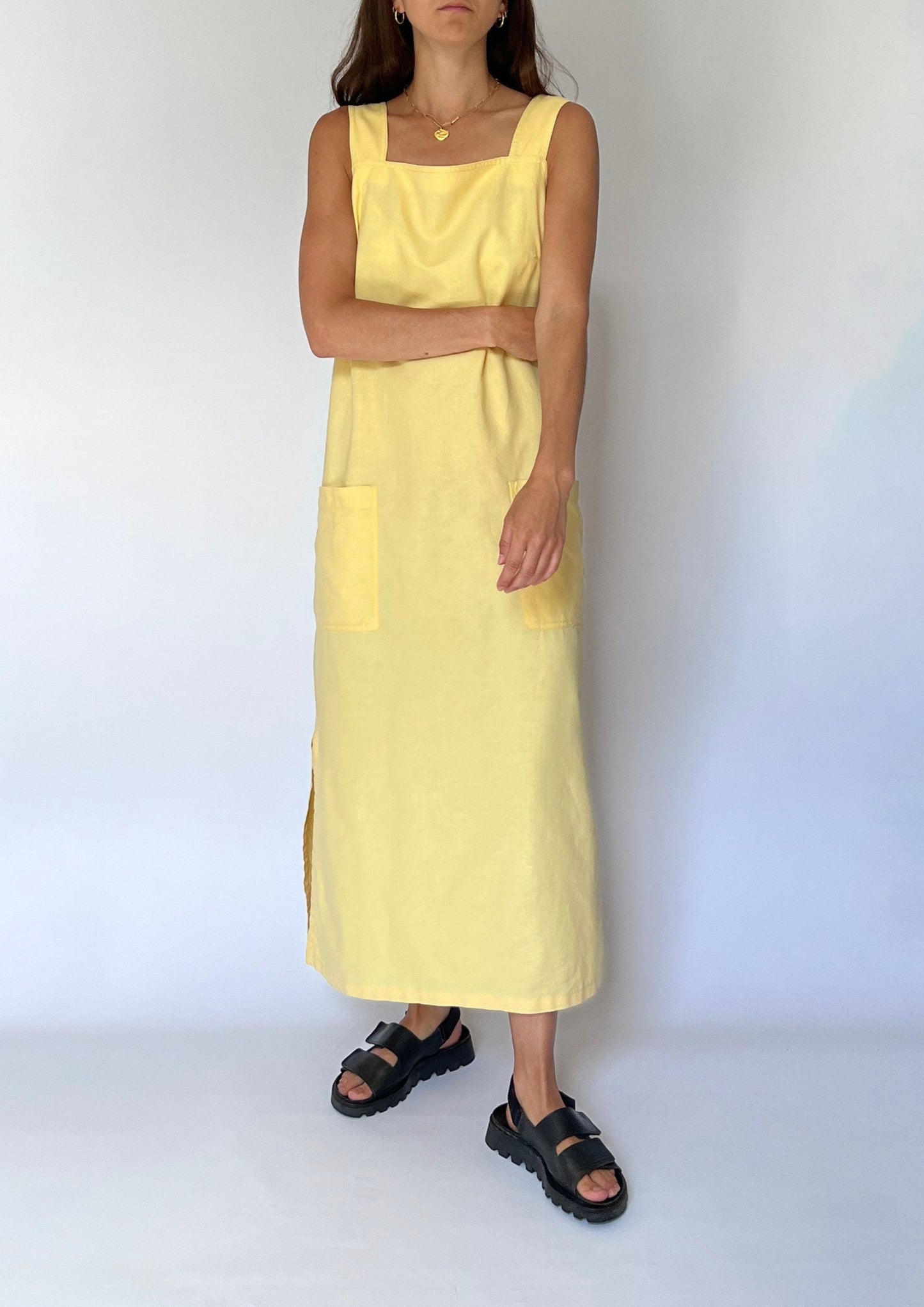 90s Vintage Yellow Linen Pinafore Dress S/M