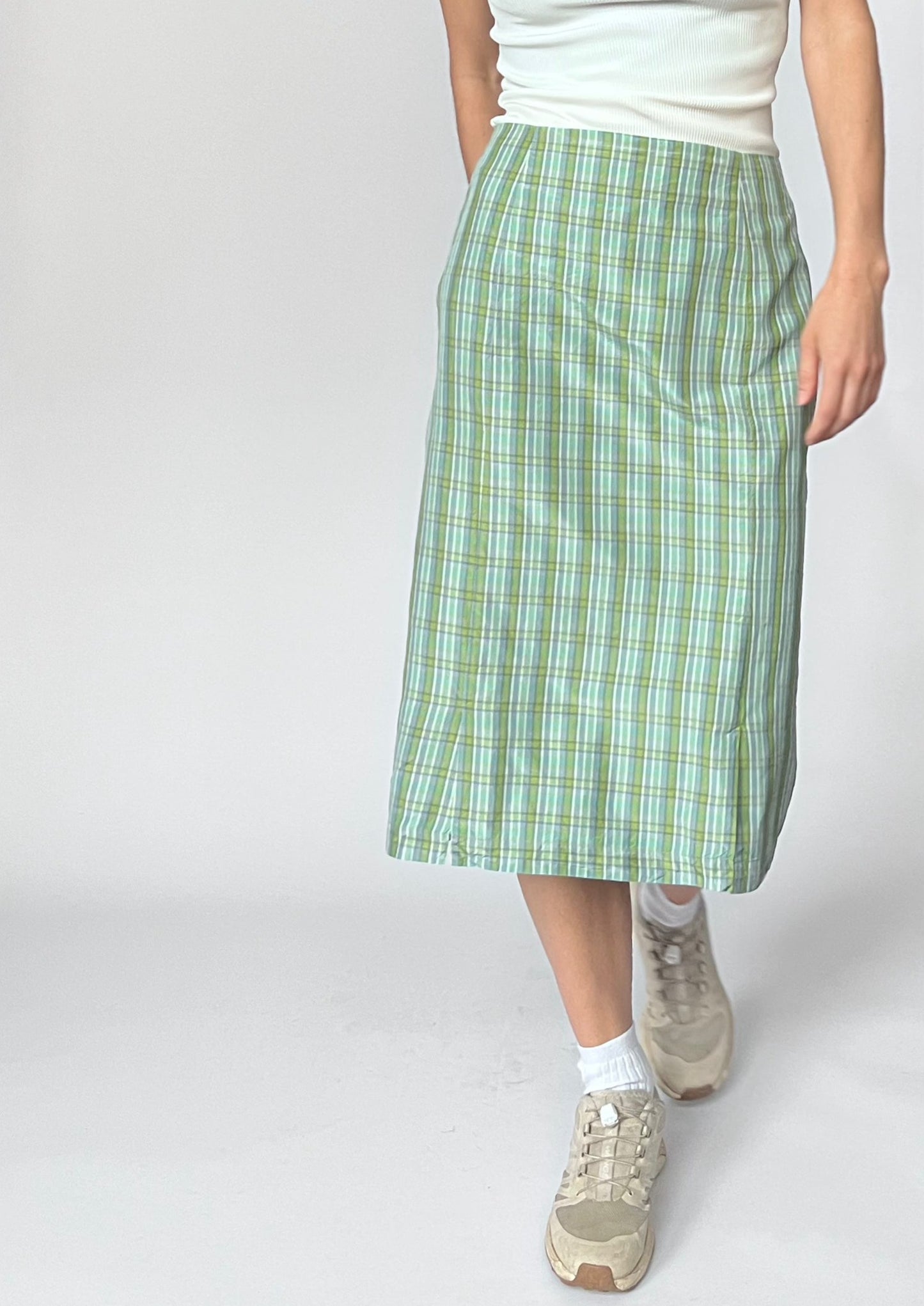 Green checked midi split skirt XS/S