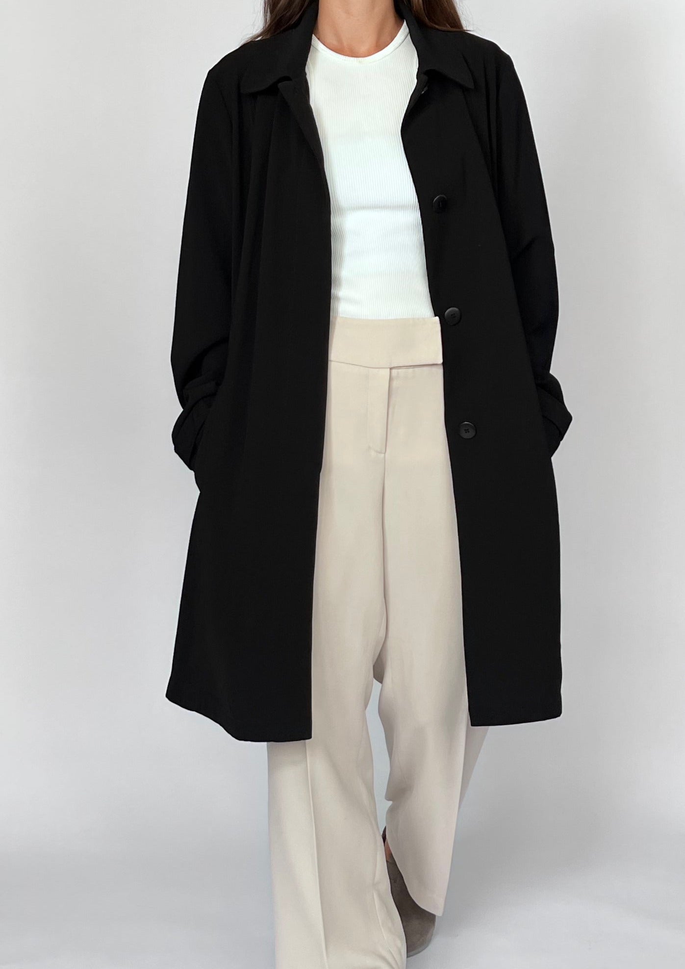 90s Black Fluid Trench Coat M/L