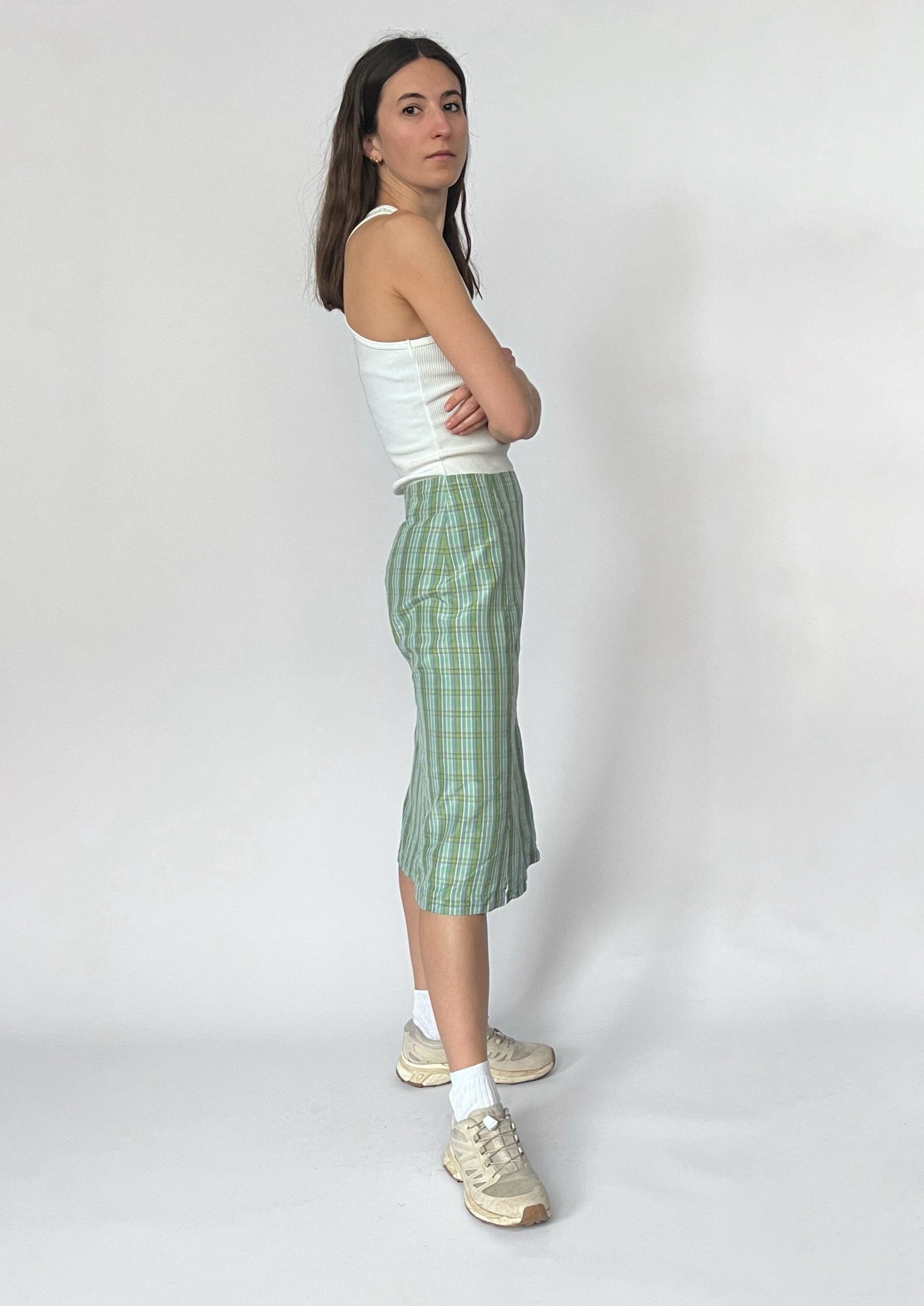 Green checked midi split skirt XS/S