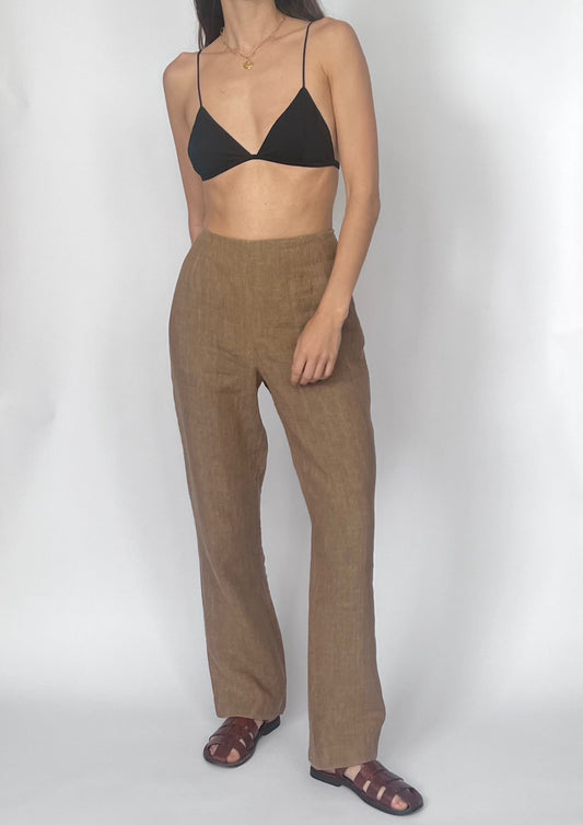 00s Wide Leg Linen Brown Trousers S/M W'29"