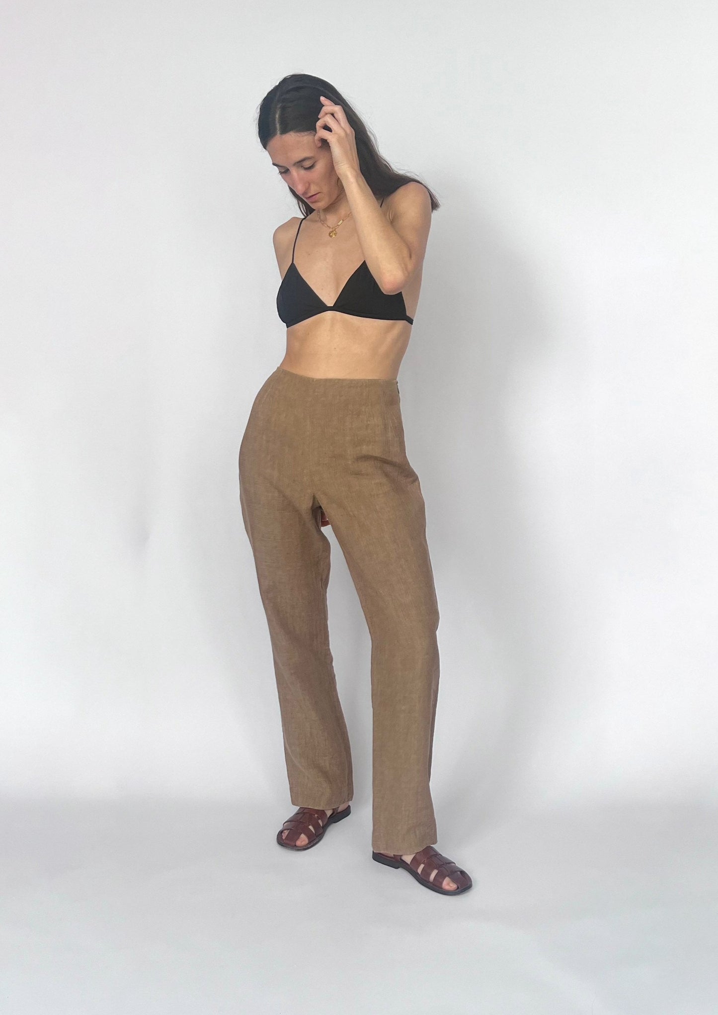 00s Wide Leg Linen Brown Trousers S/M W'29"