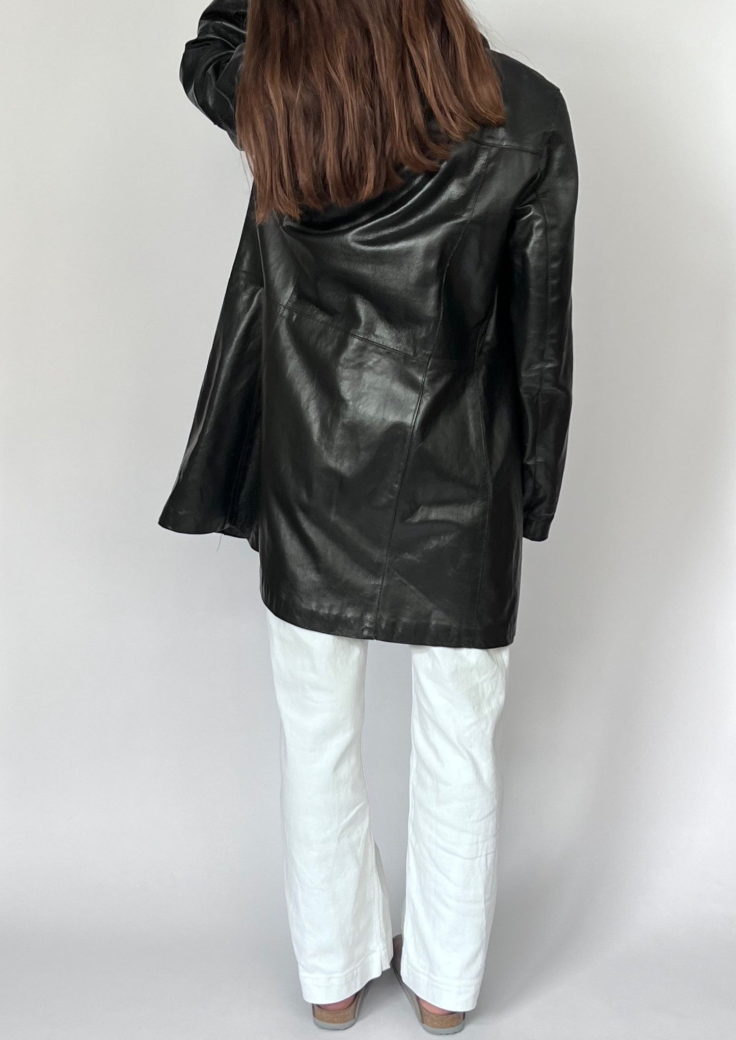 90s Longline Black Leather Jacket S/M