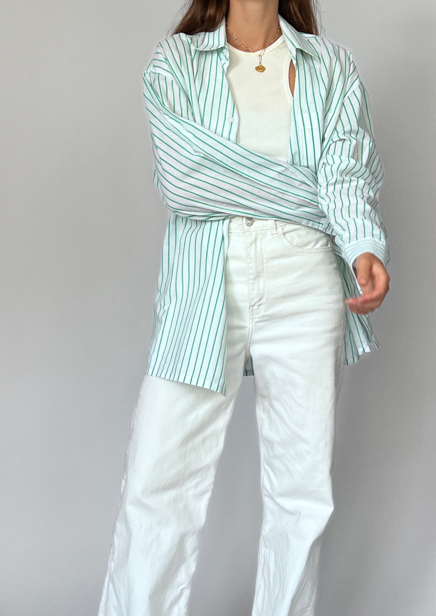 90s Green Striped Shirt S/M/L