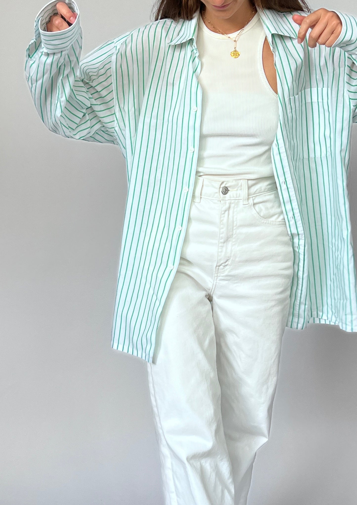 90s Green Striped Shirt S/M/L