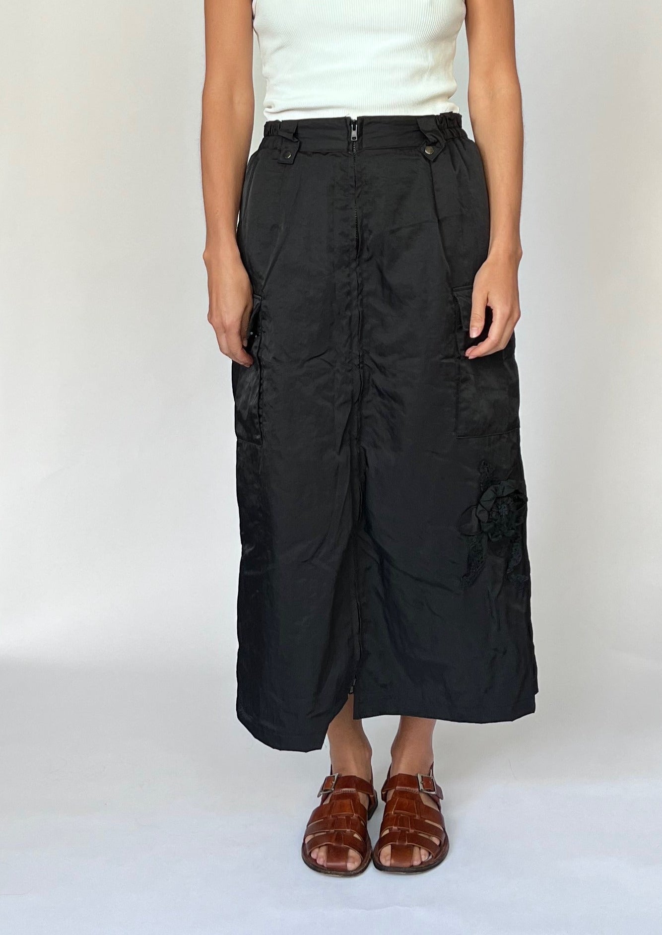 90s Japanese Padded Nylon Maxi Skirt XS/S W'25"