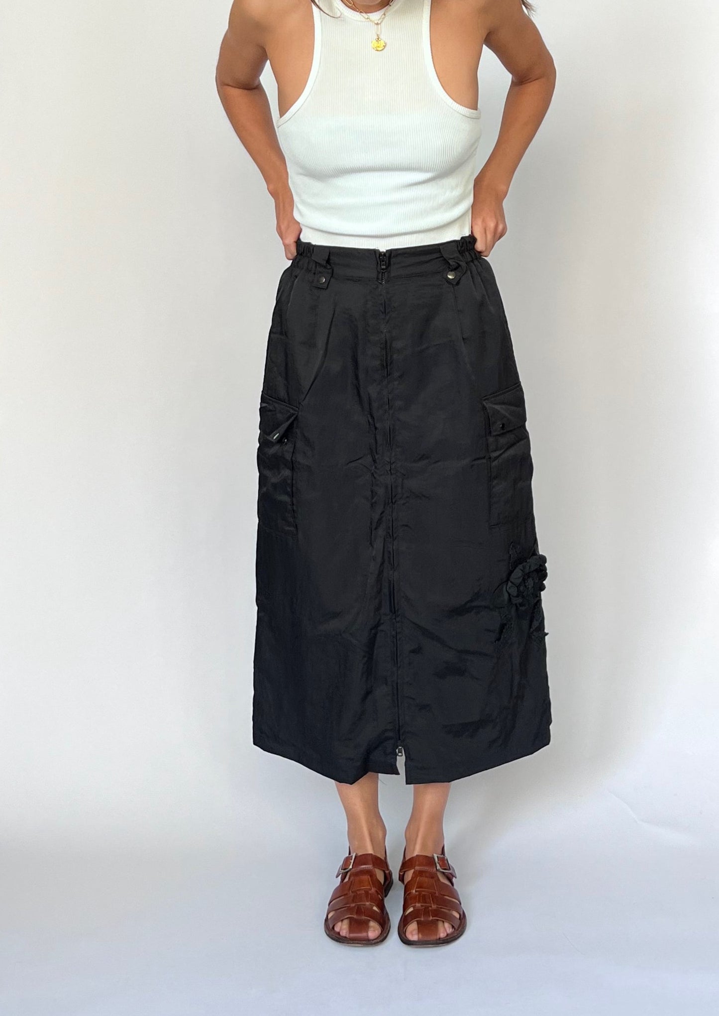 90s Japanese Padded Nylon Maxi Skirt XS/S W'25"