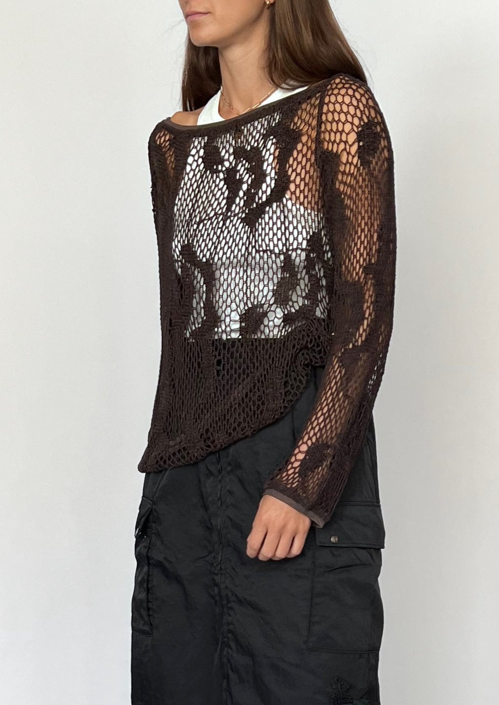 90s Brown Crochet Sheer Sweater S/M