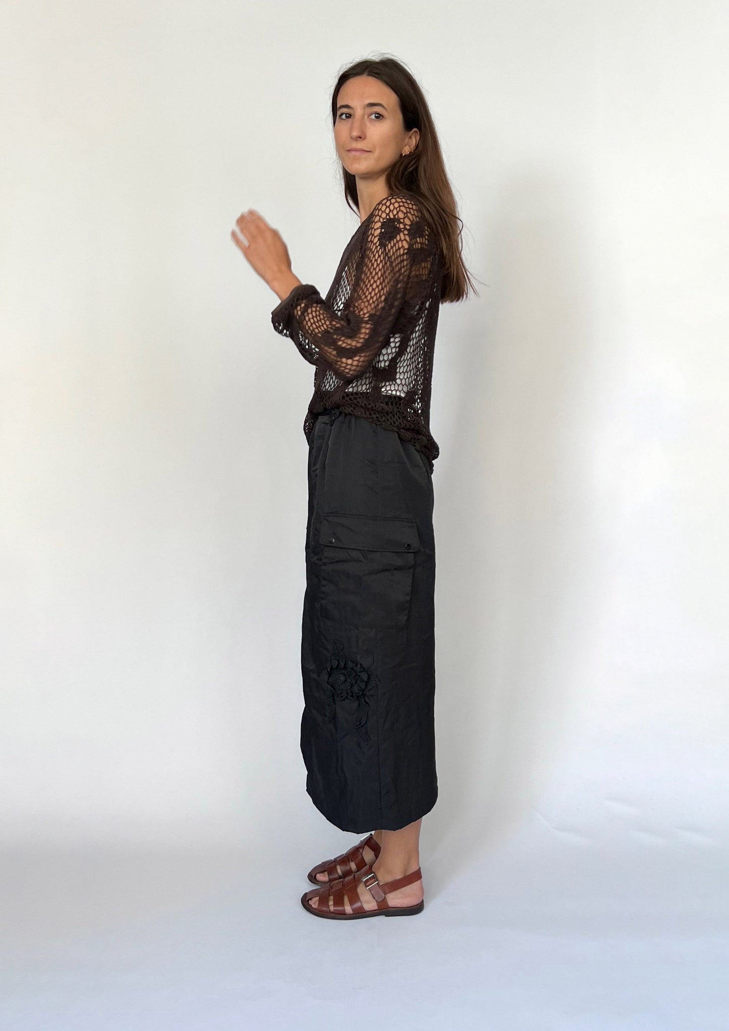 90s Japanese Padded Nylon Maxi Skirt XS/S W'25"