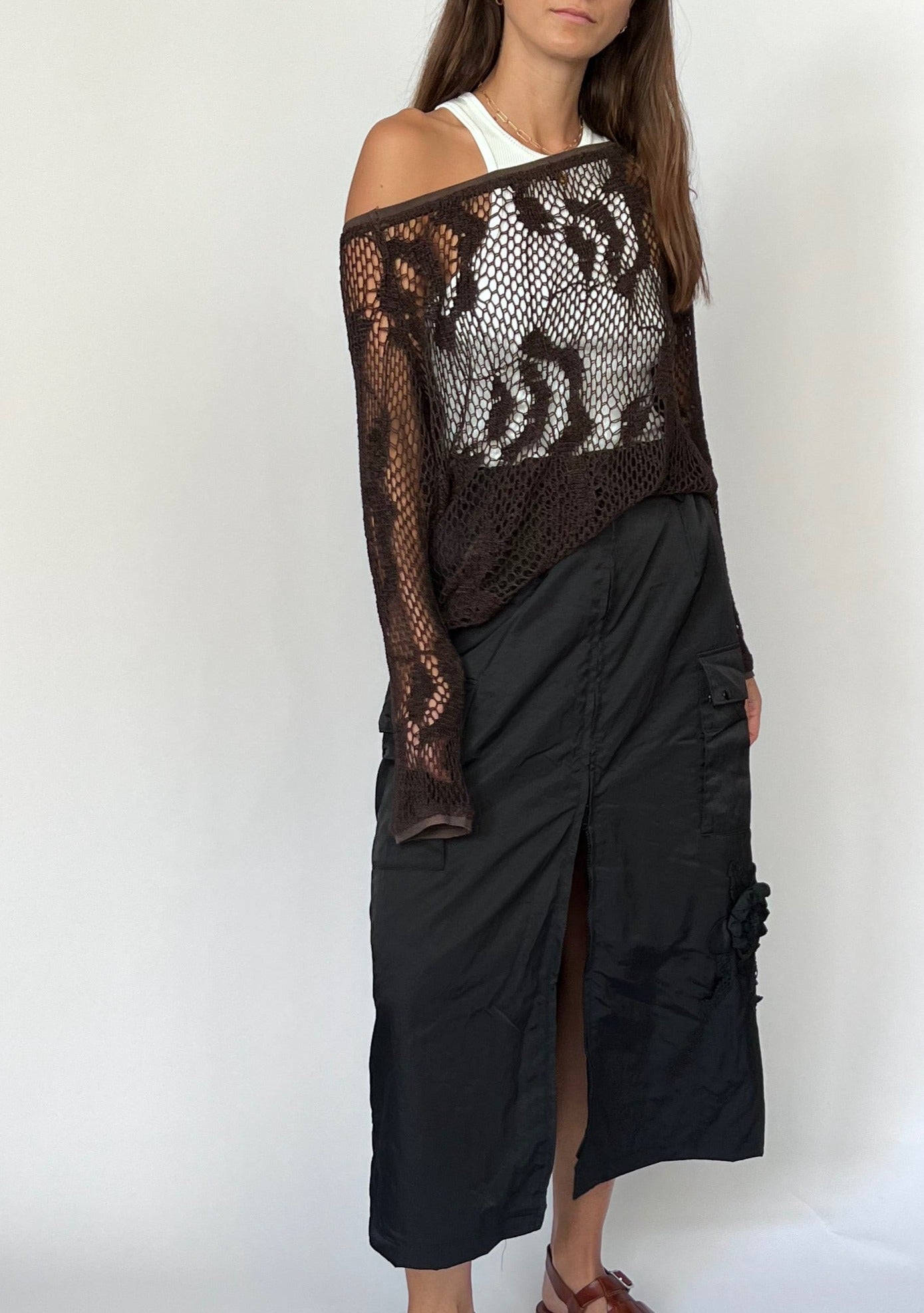 90s Brown Crochet Sheer Sweater S/M