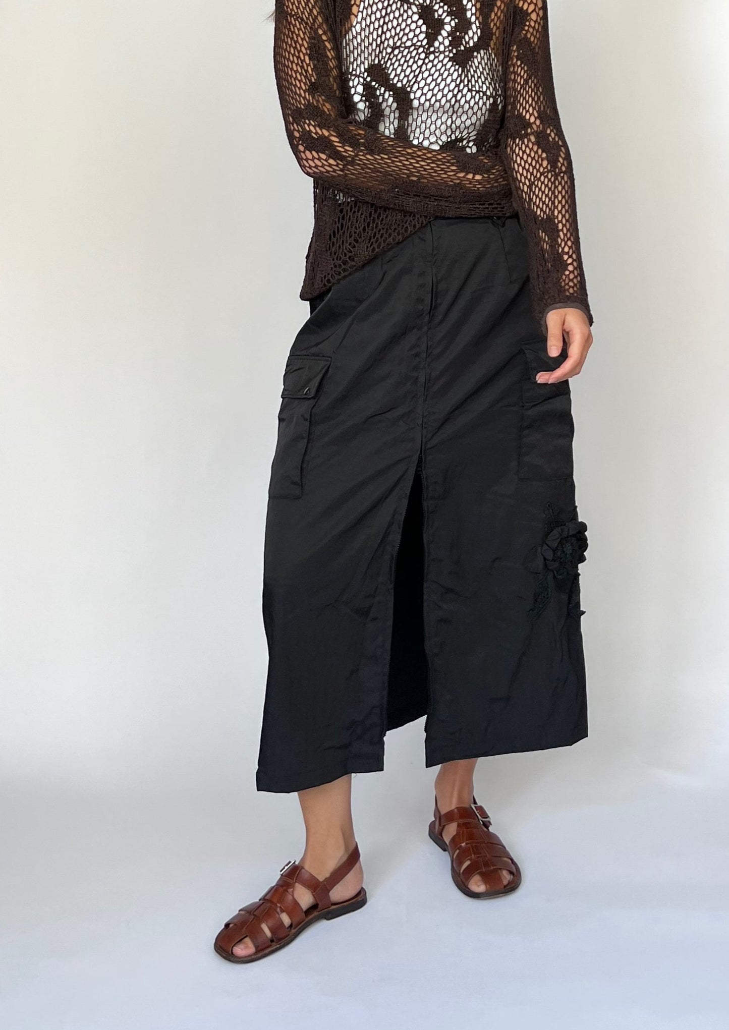 90s Japanese Padded Nylon Maxi Skirt XS/S W'25"