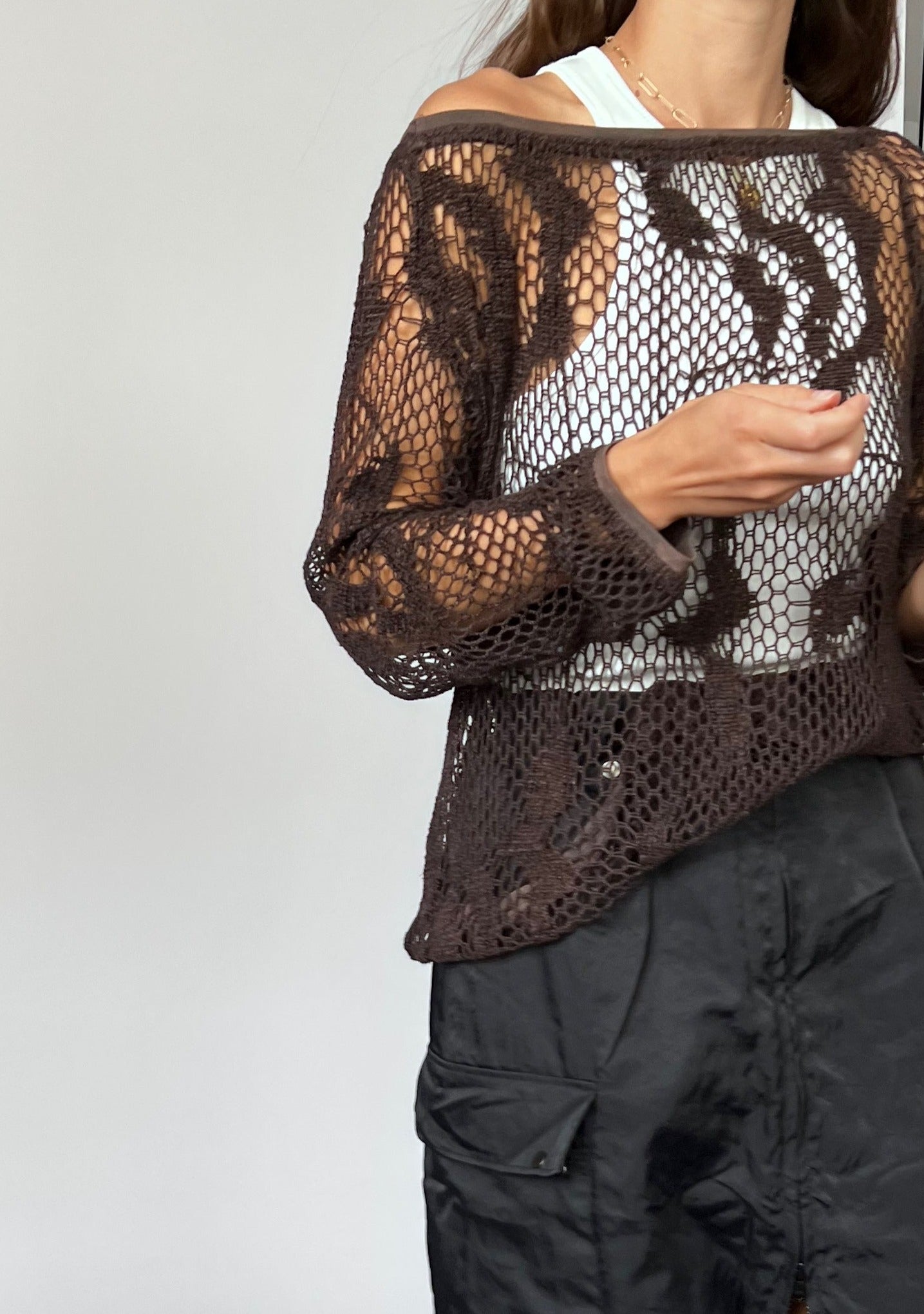 90s Brown Crochet Sheer Sweater S/M