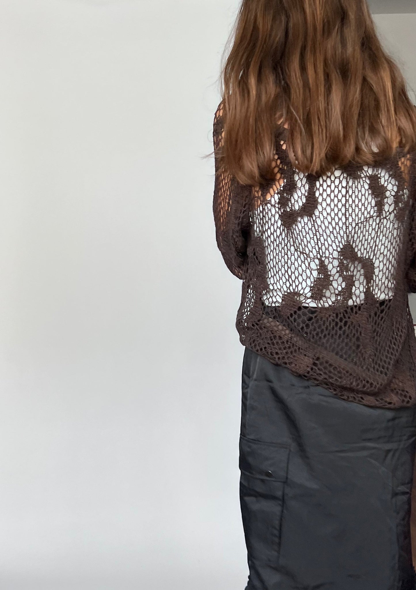 90s Brown Crochet Sheer Sweater S/M