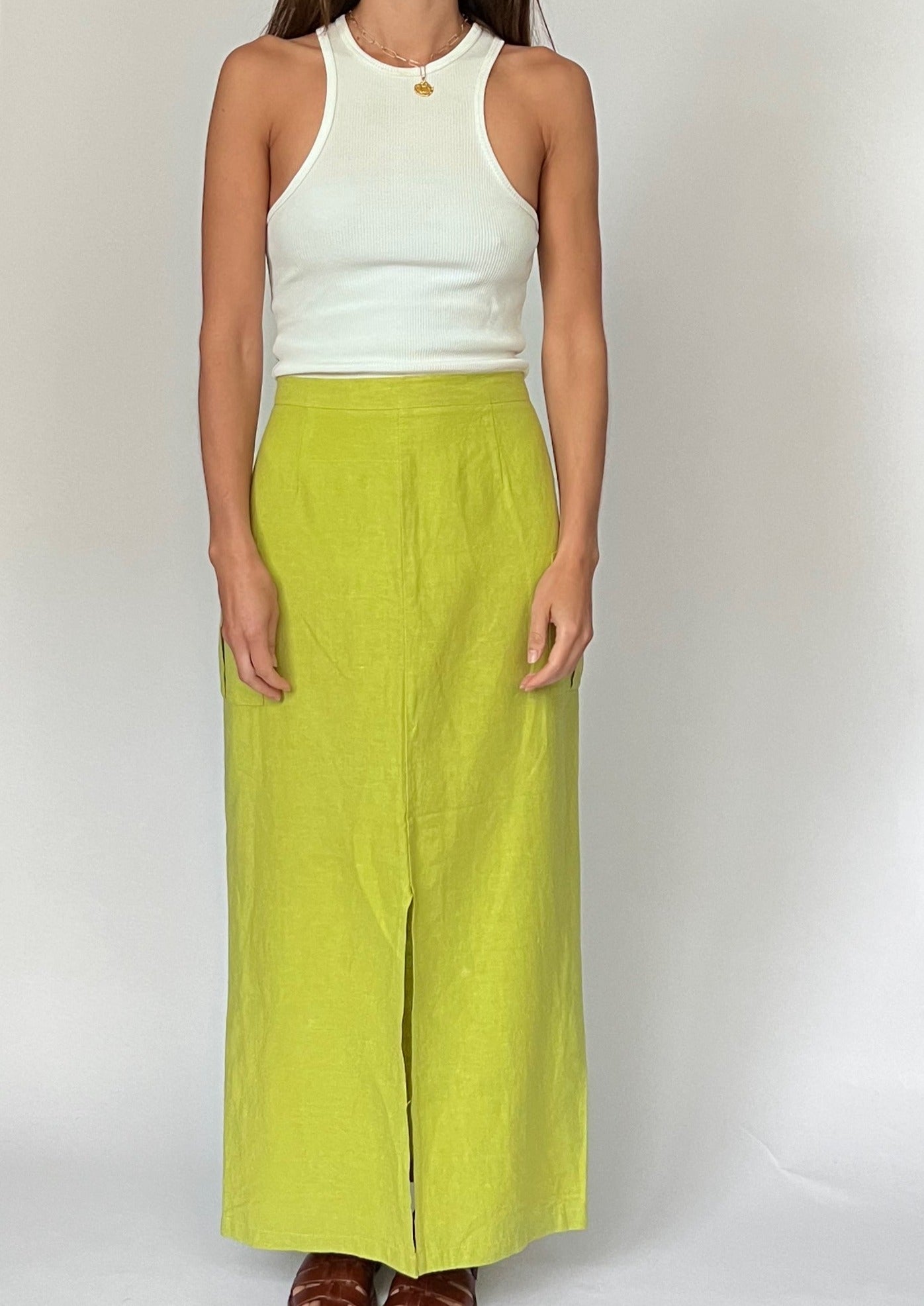 90s Linen Maxi Lime Skirt M W'30"