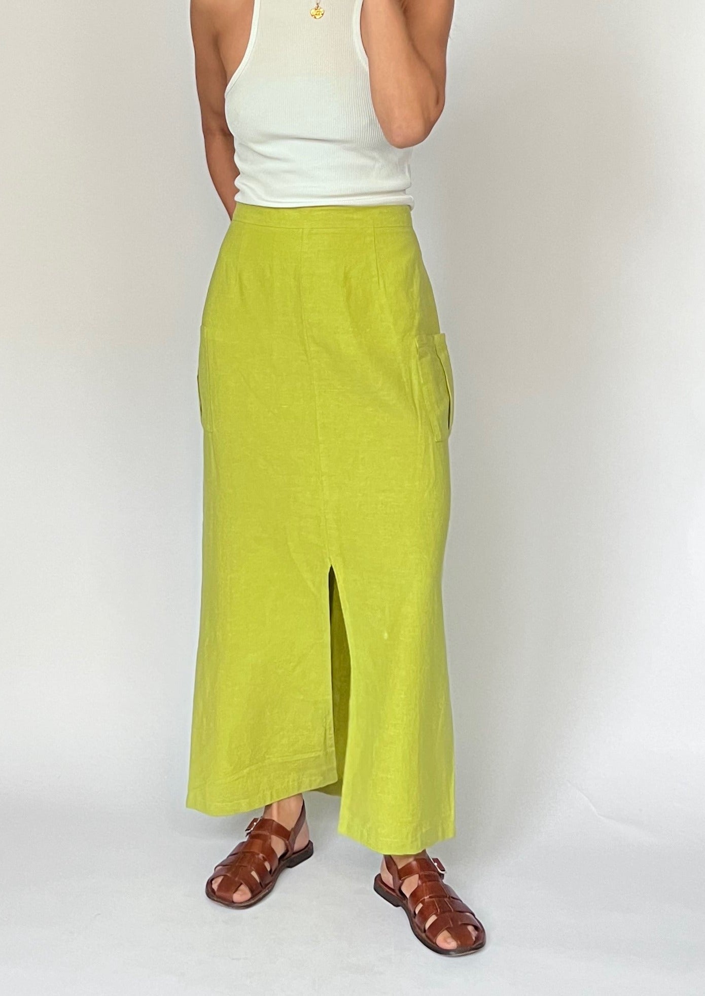 90s Linen Maxi Lime Skirt M W'30"