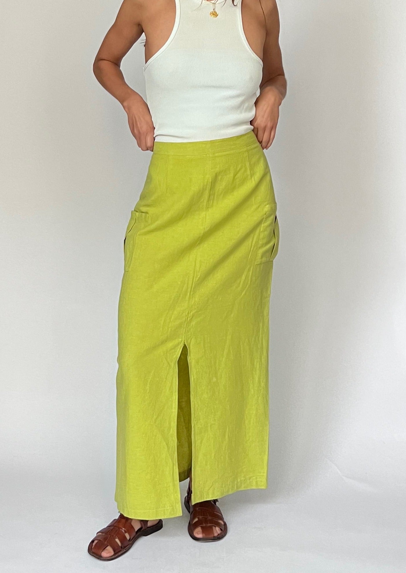 90s Linen Maxi Lime Skirt M W'30"