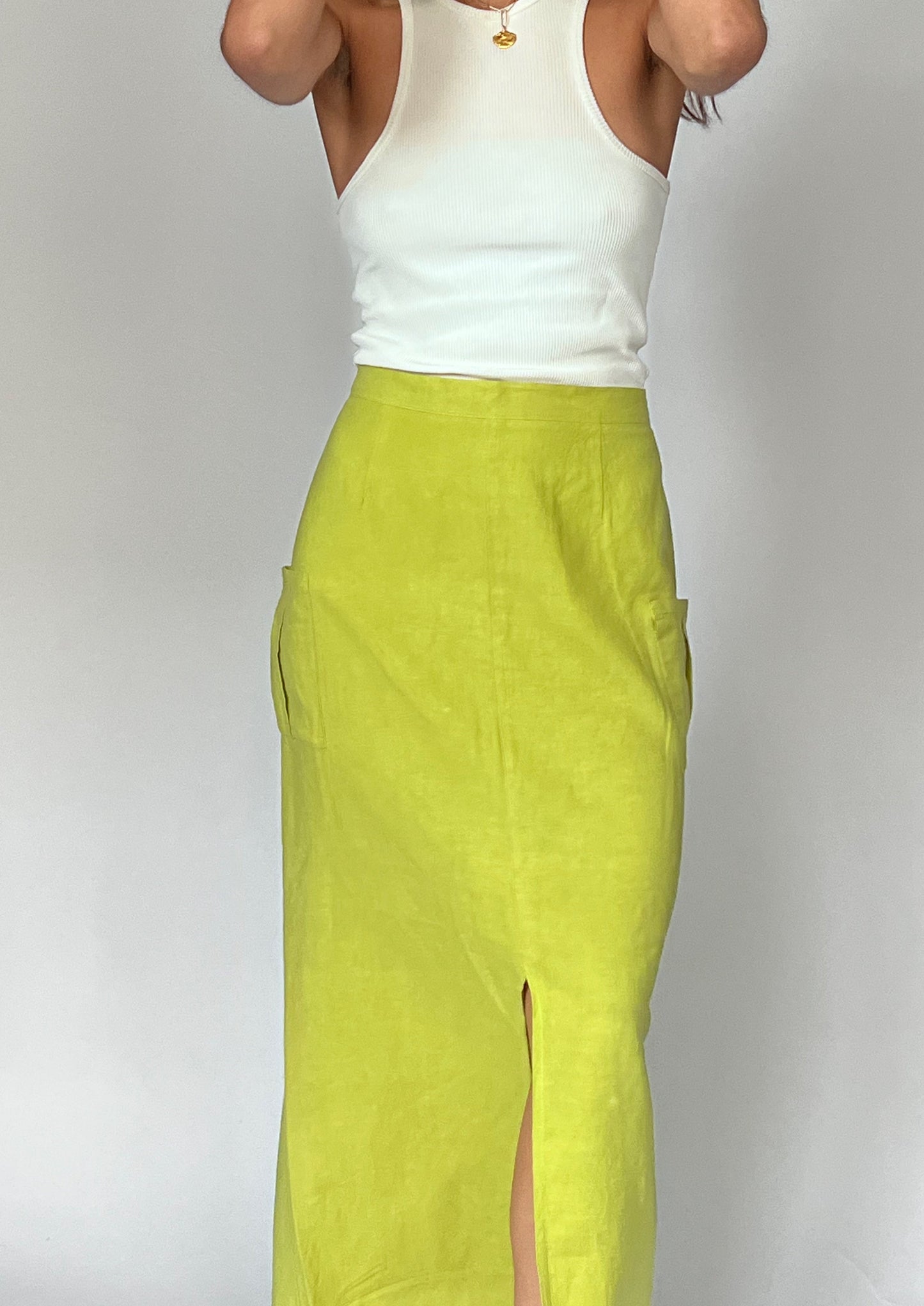 90s Linen Maxi Lime Skirt M W'30"