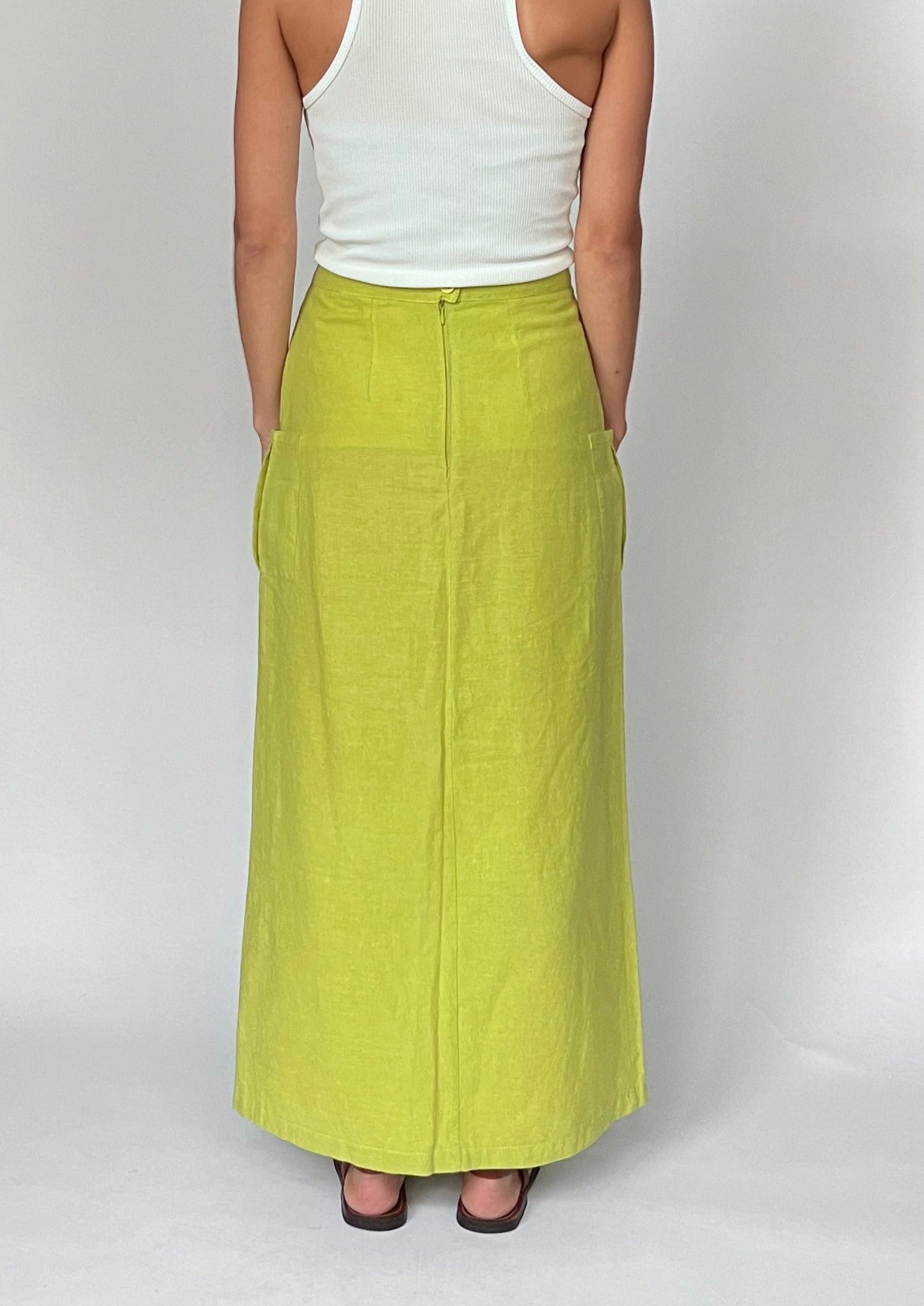 90s Linen Maxi Lime Skirt M W'30"