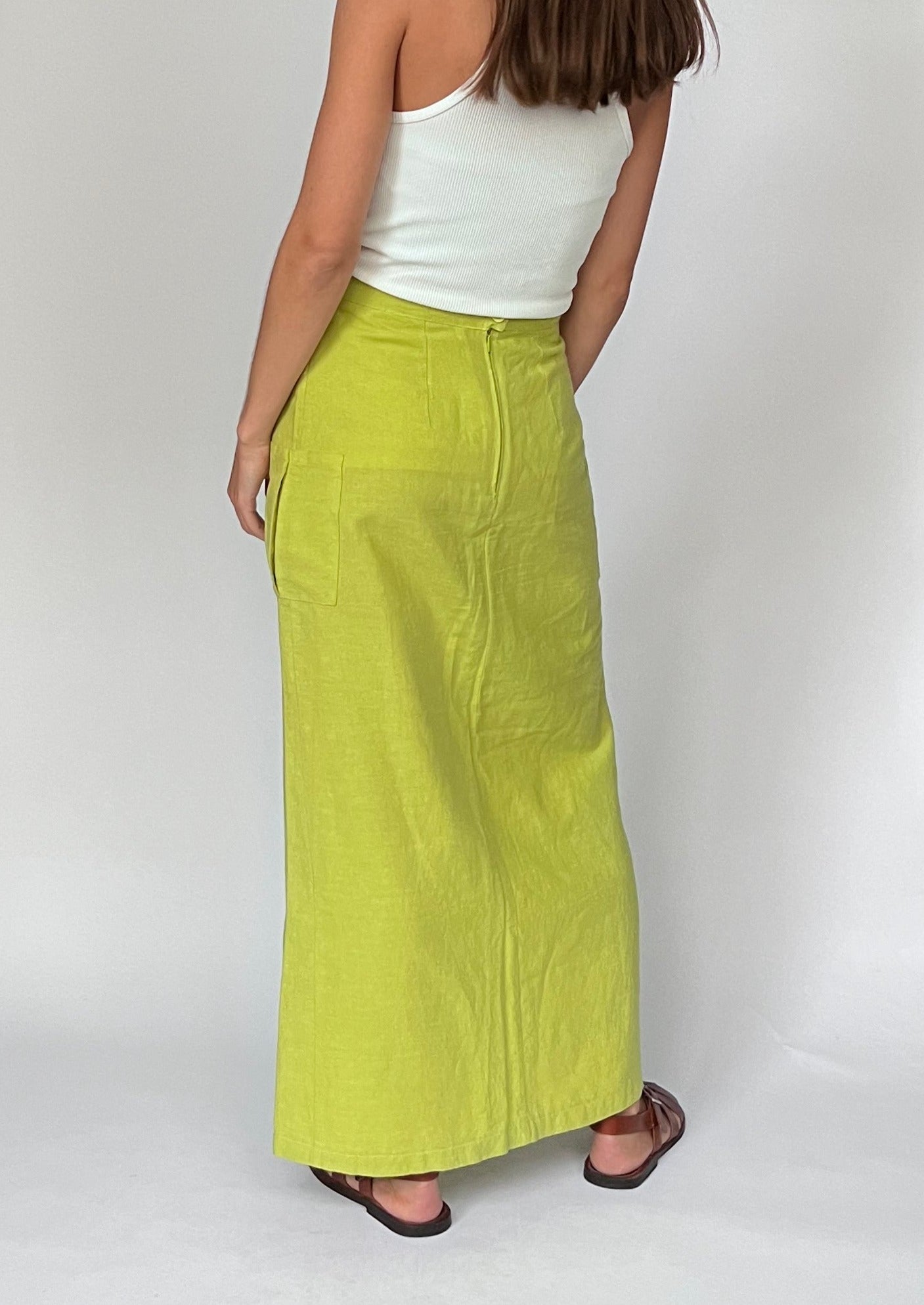 90s Linen Maxi Lime Skirt M W'30"