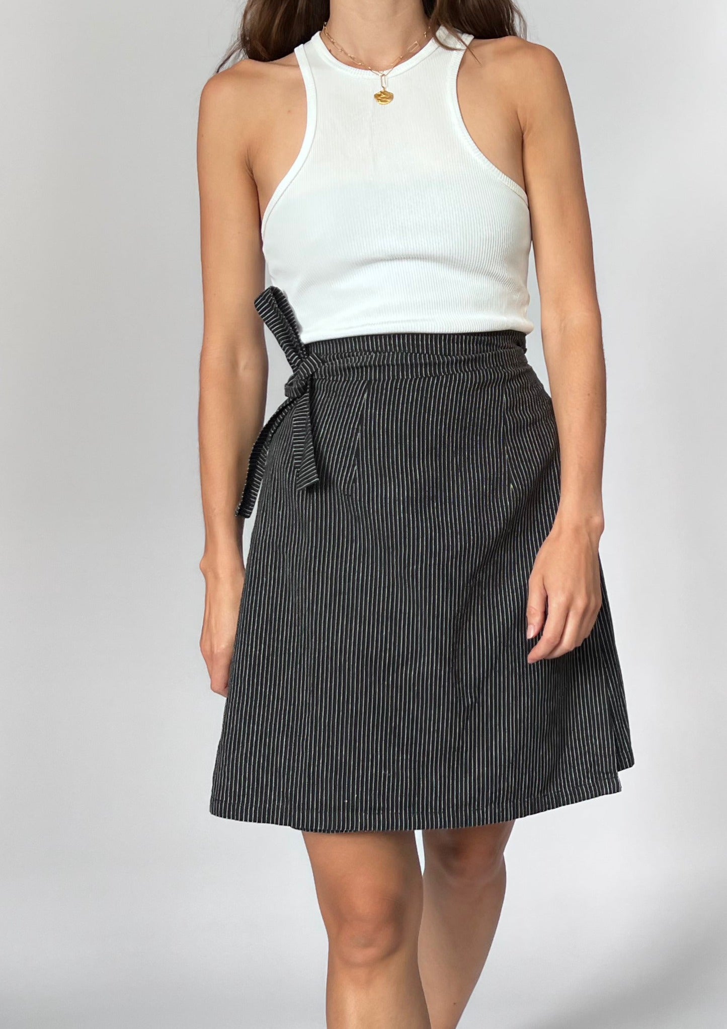 90s Pinstripe Black Wrap Skirt S