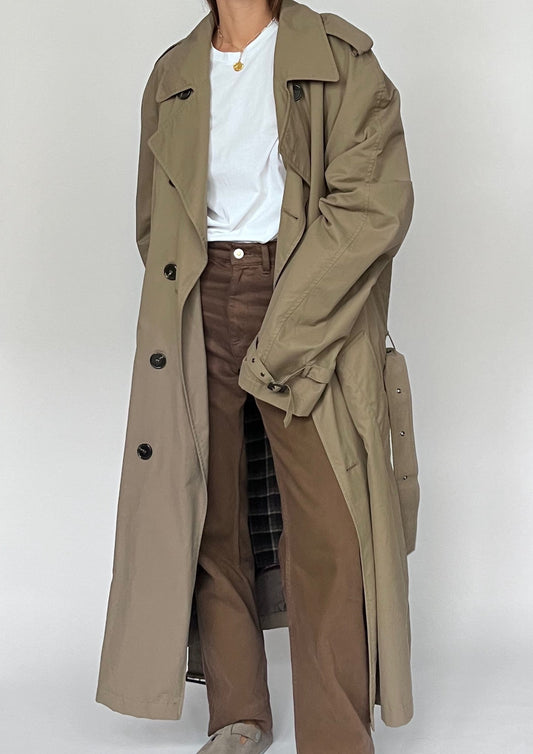 90s Khaki Minimal Trench Coat L/XL