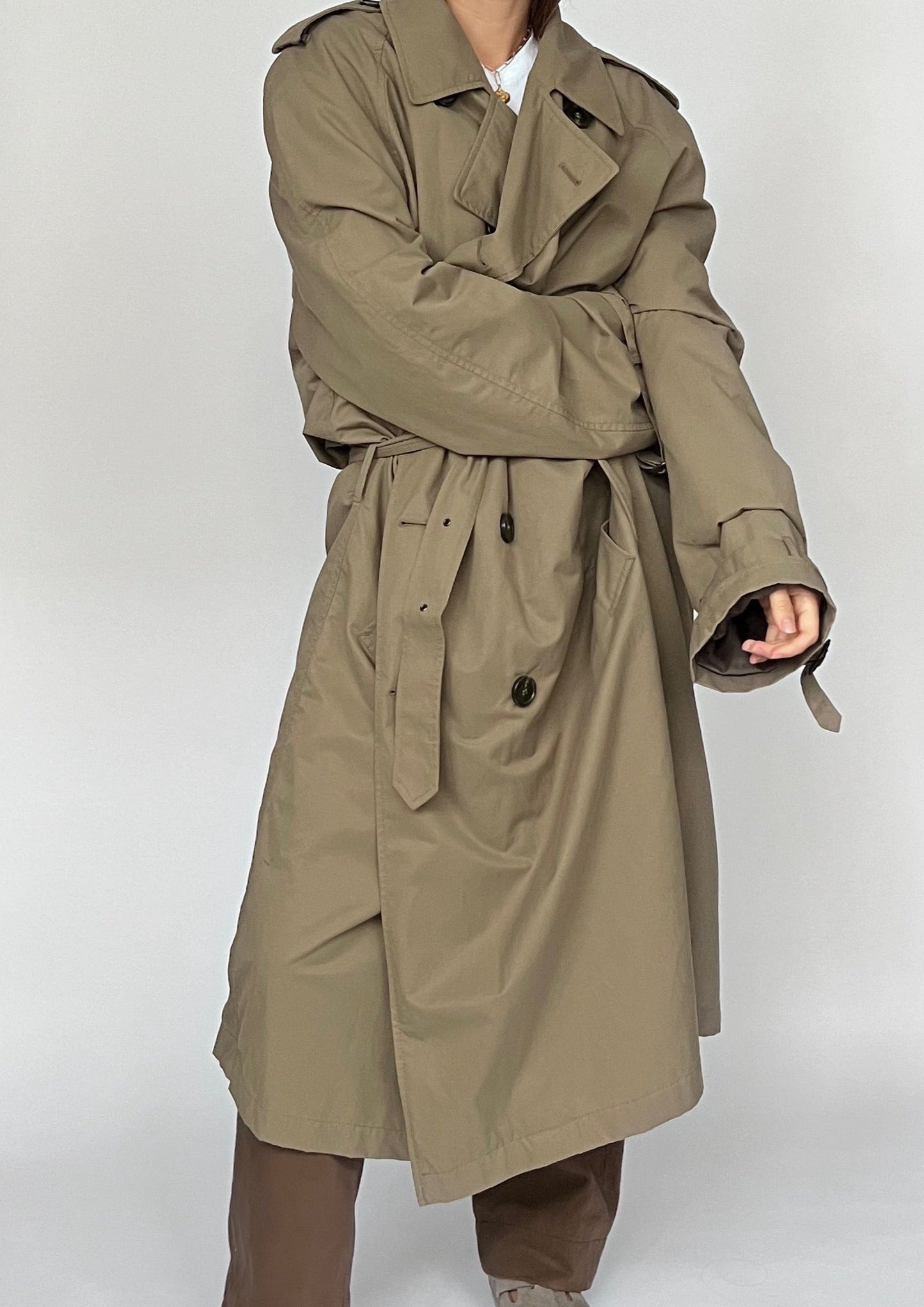 90s Khaki Minimal Trench Coat L/XL