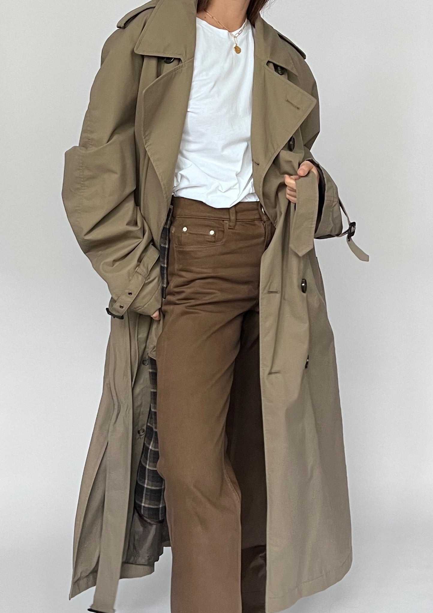 90s Khaki Minimal Trench Coat L/XL