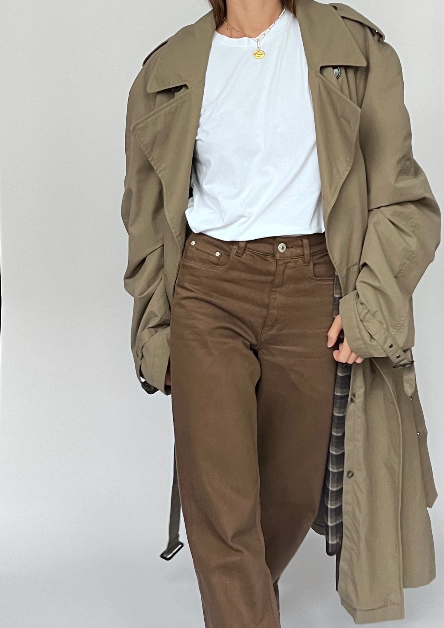 90s Khaki Minimal Trench Coat L/XL