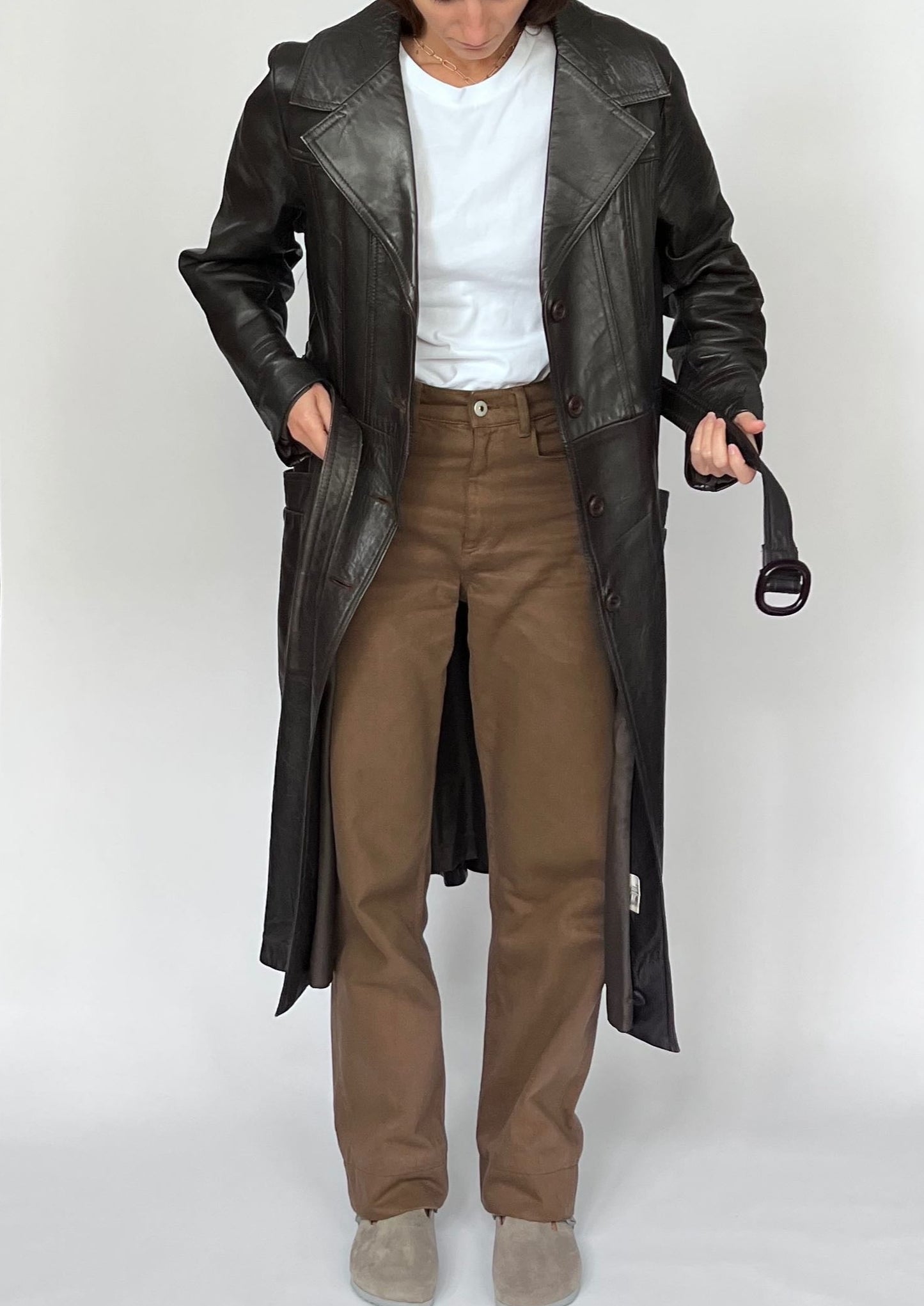 Brown Leather Maxi Trench Coat S/M