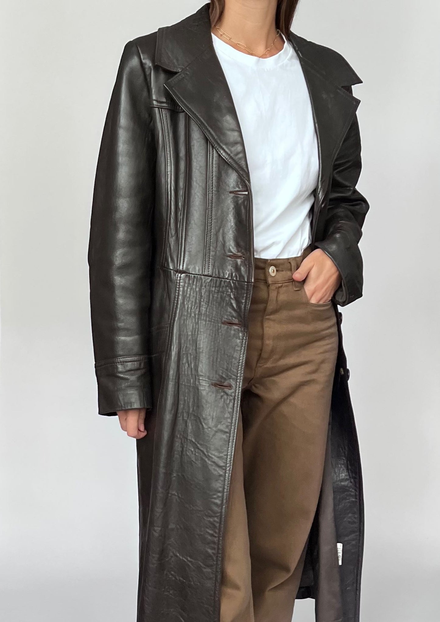 Brown Leather Maxi Trench Coat S/M