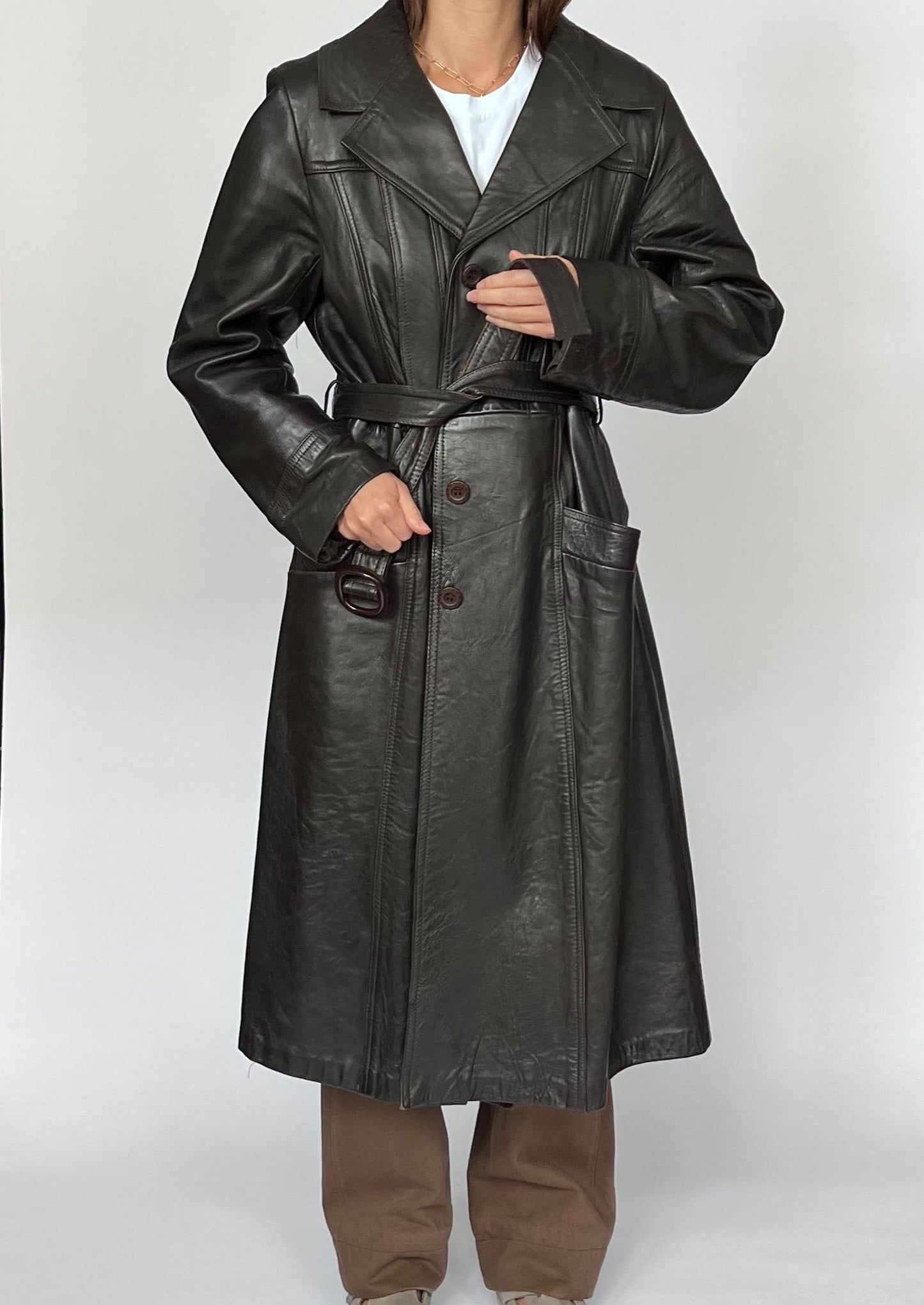 Brown Leather Maxi Trench Coat S/M