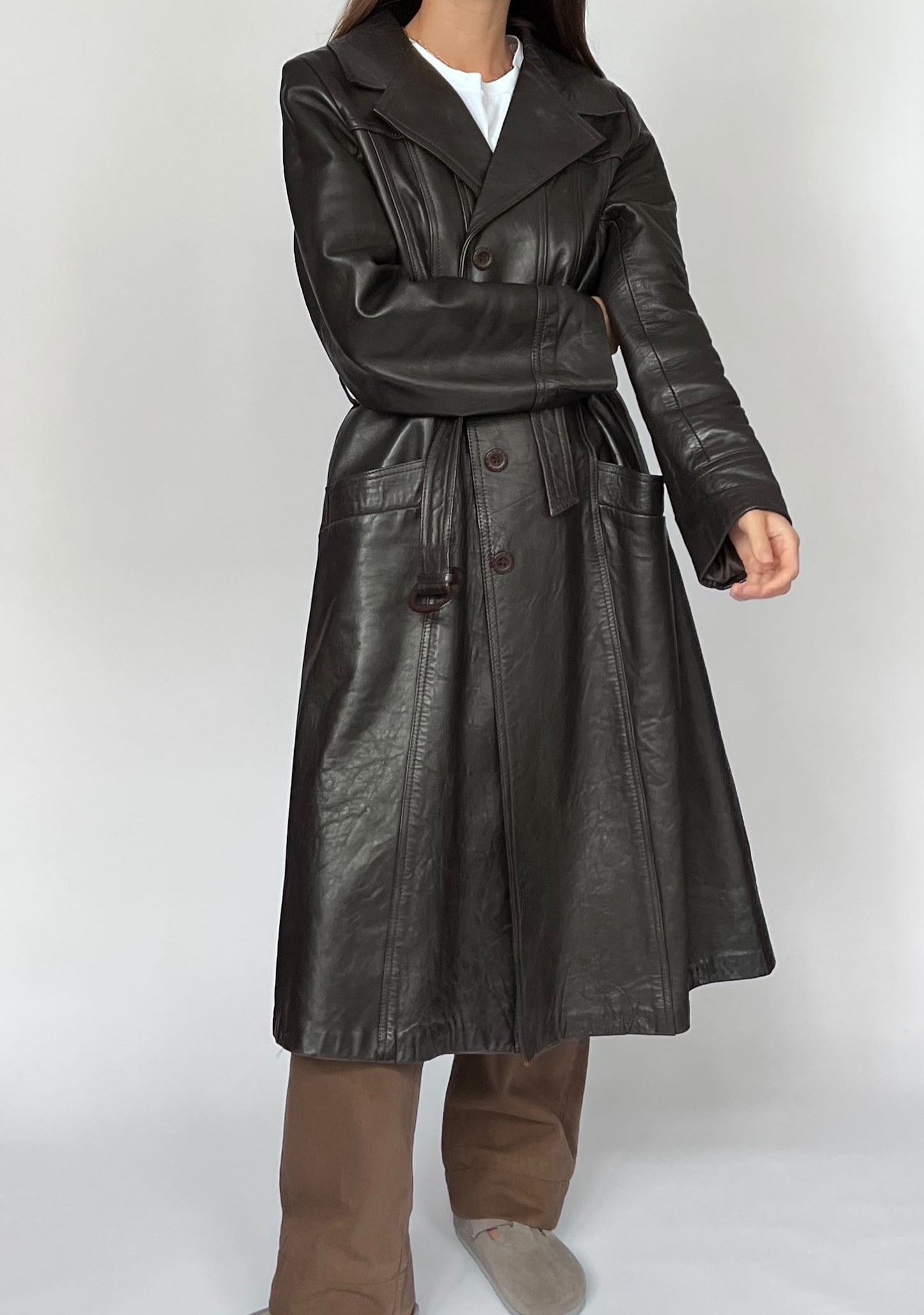 Brown Leather Maxi Trench Coat S/M