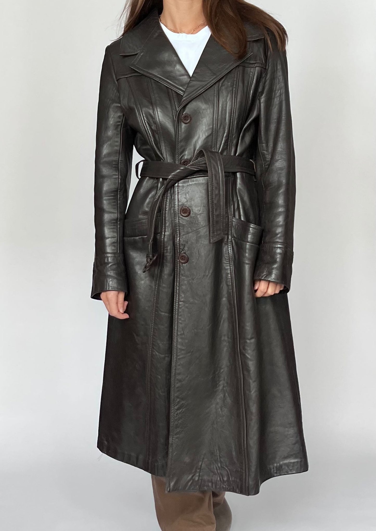 Brown Leather Maxi Trench Coat S/M