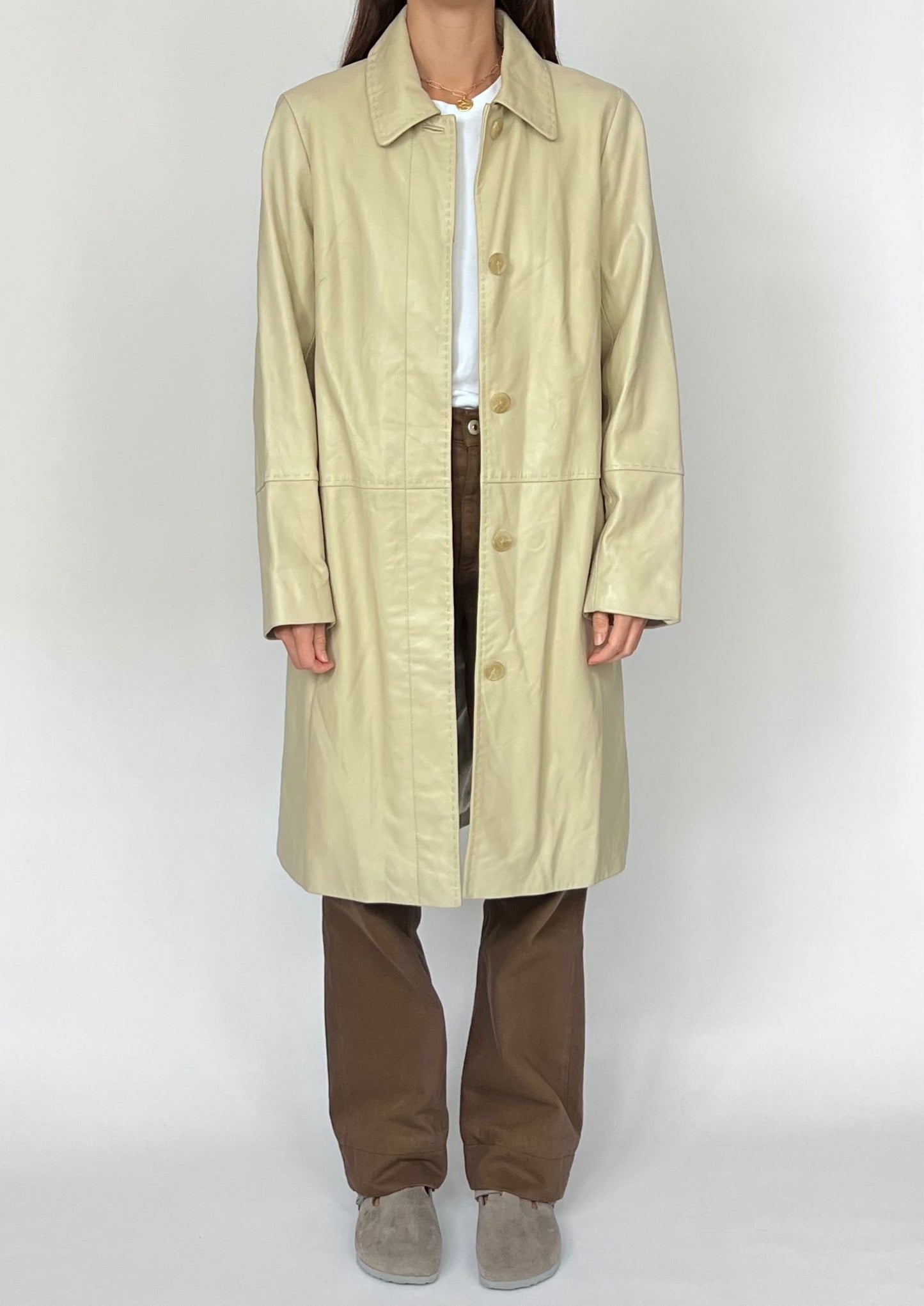 90s Cream Sleek Longline Leather Coat XS/S