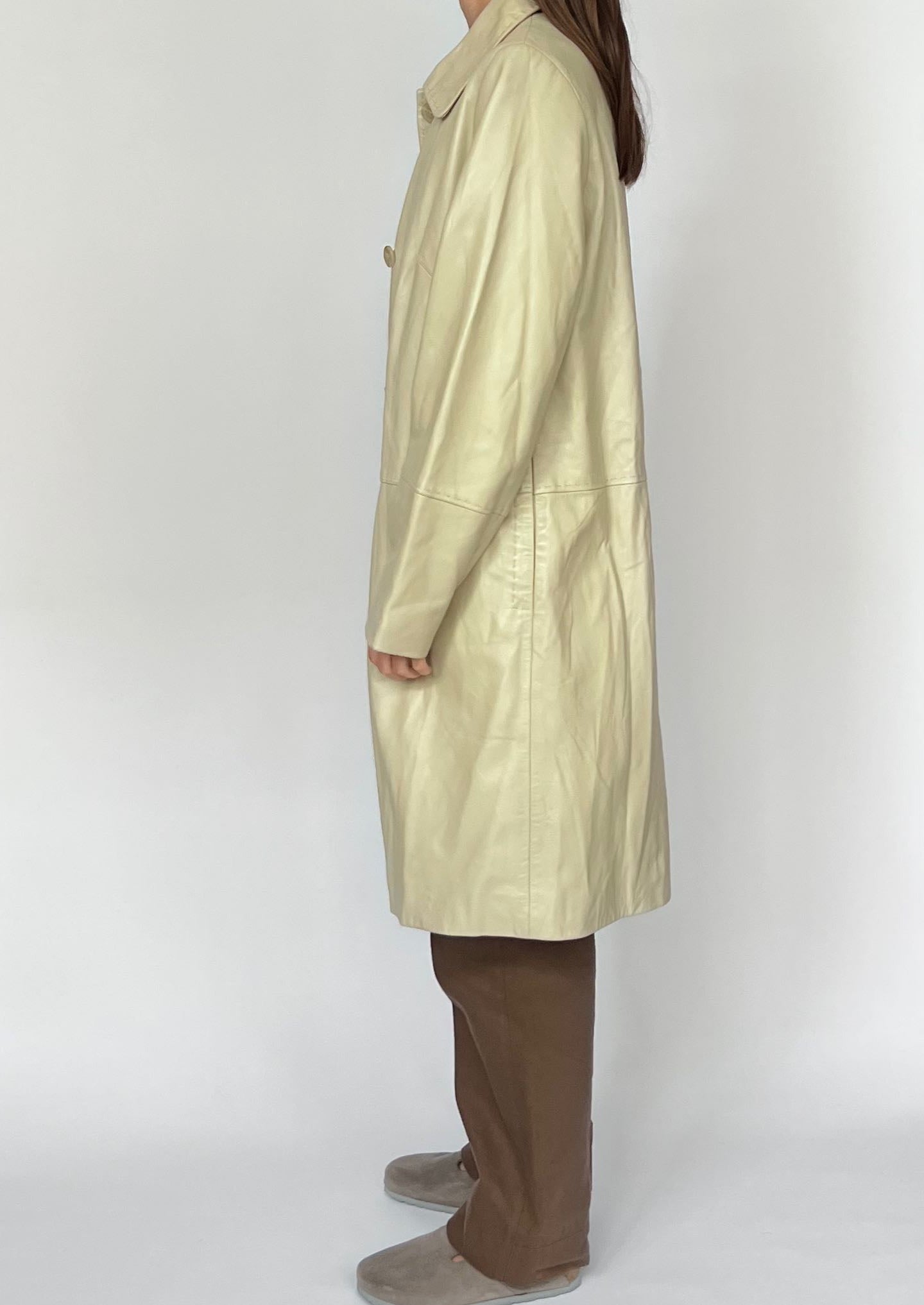 90s Cream Sleek Longline Leather Coat XS/S