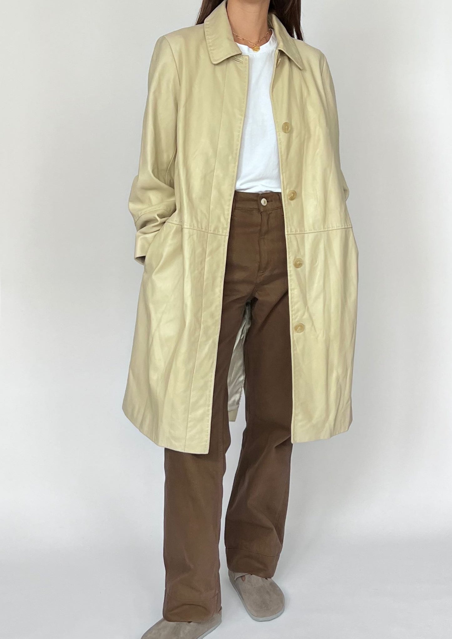 90s Cream Sleek Longline Leather Coat XS/S