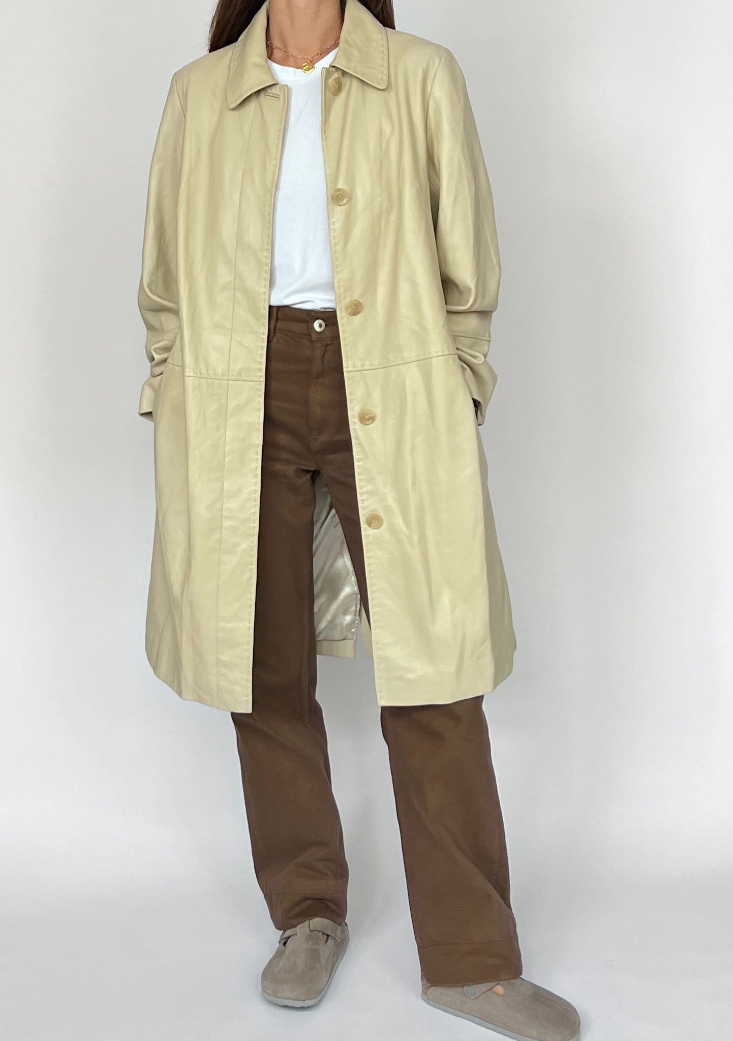 90s Cream Sleek Longline Leather Coat XS/S