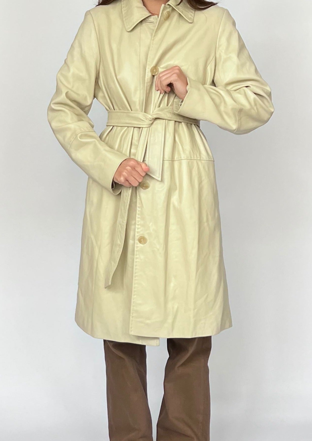 90s Cream Sleek Longline Leather Coat XS/S