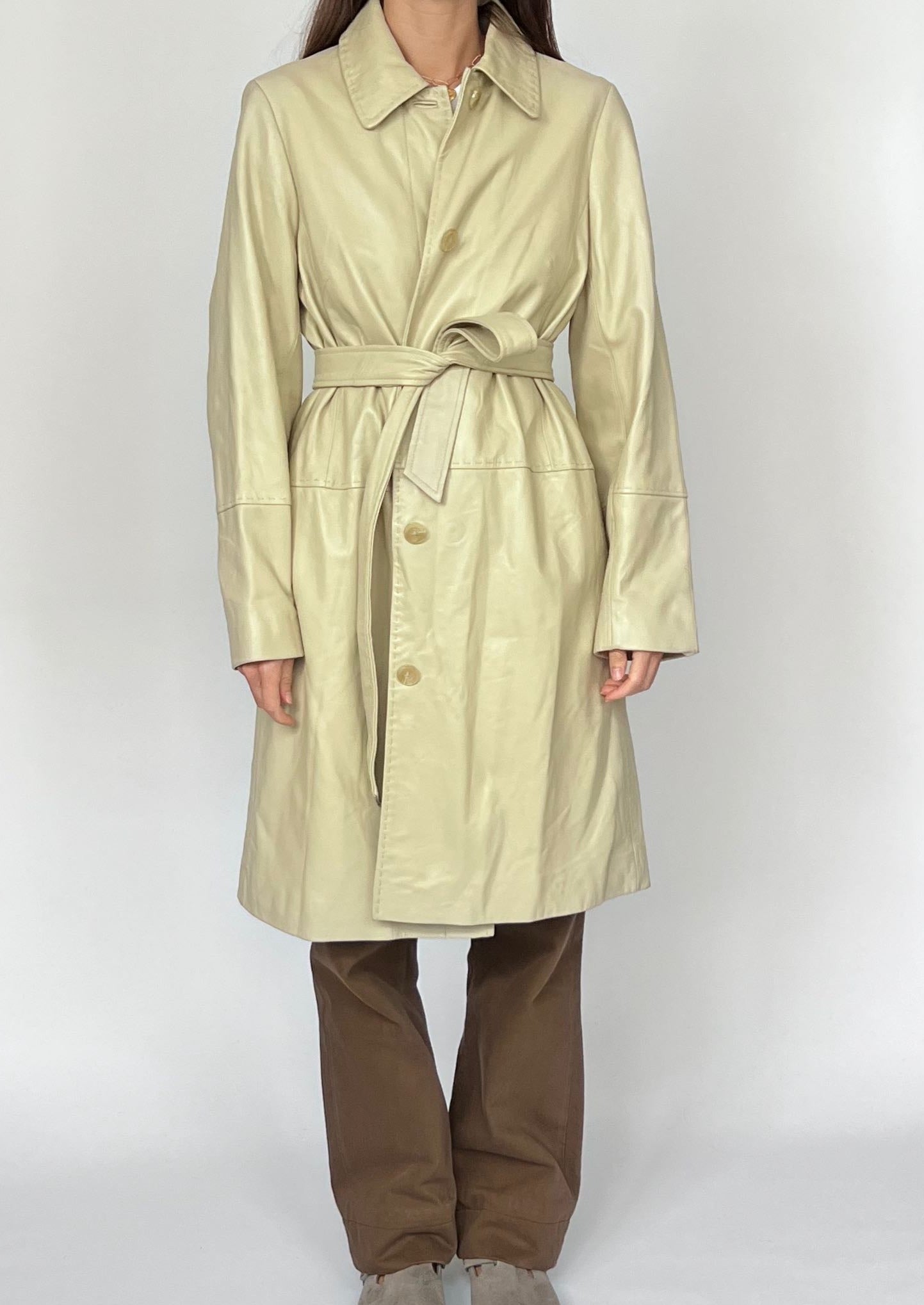 90s Cream Sleek Longline Leather Coat XS/S