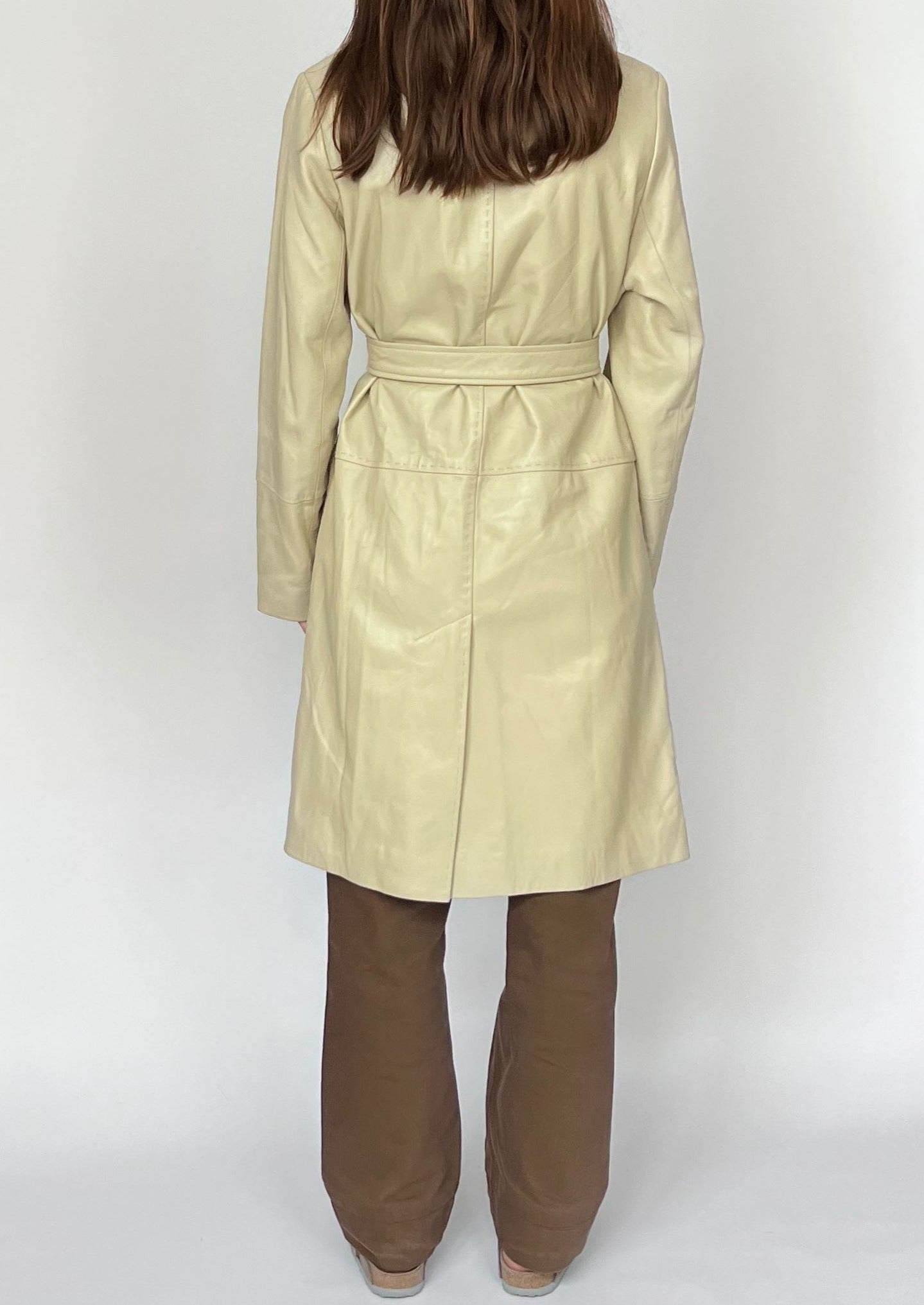 90s Cream Sleek Longline Leather Coat XS/S