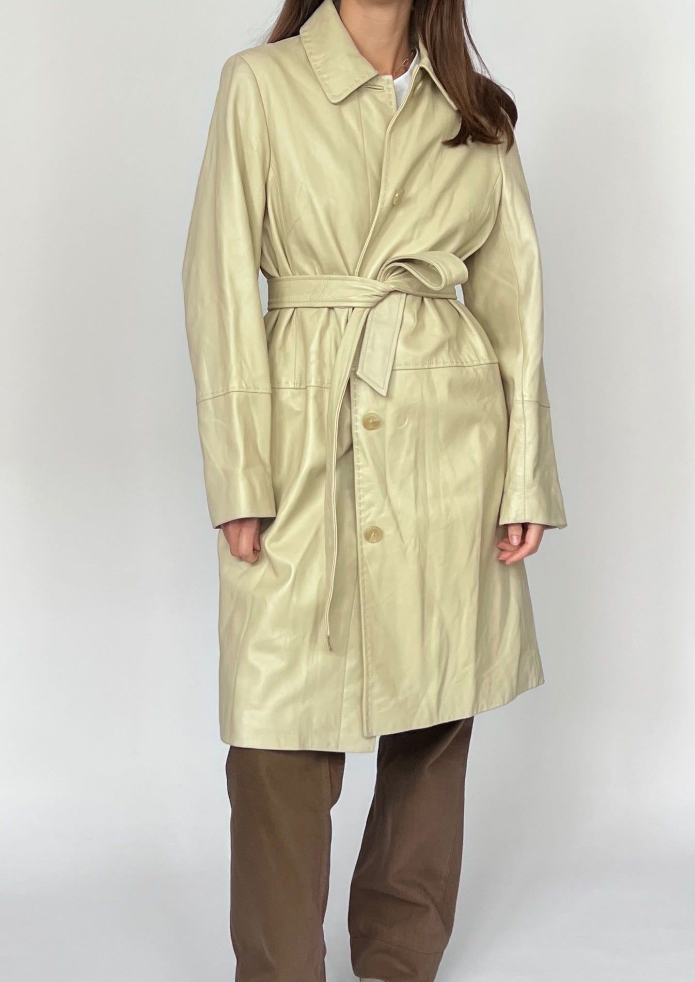 90s Cream Sleek Longline Leather Coat XS/S