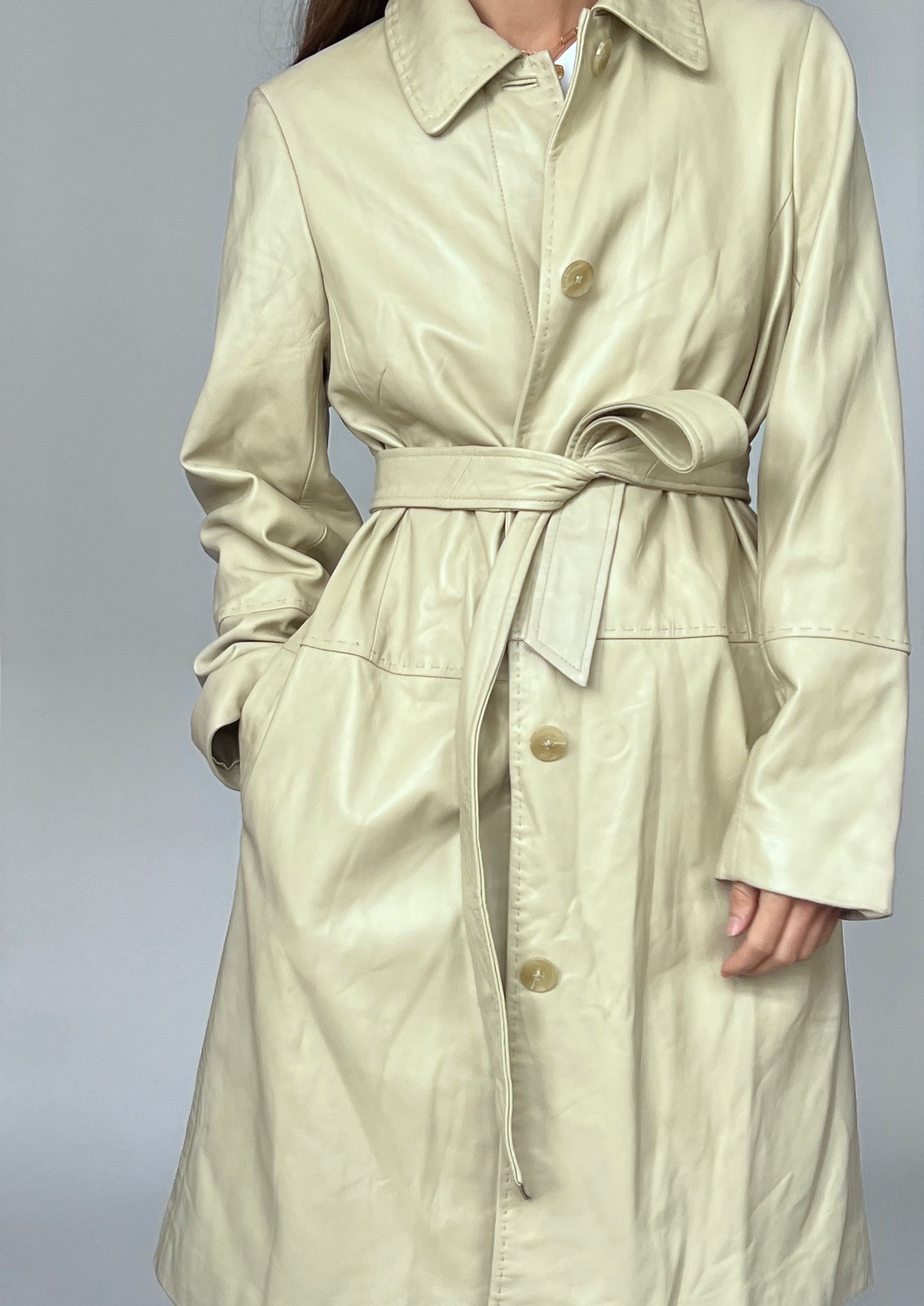 90s Cream Sleek Longline Leather Coat XS/S