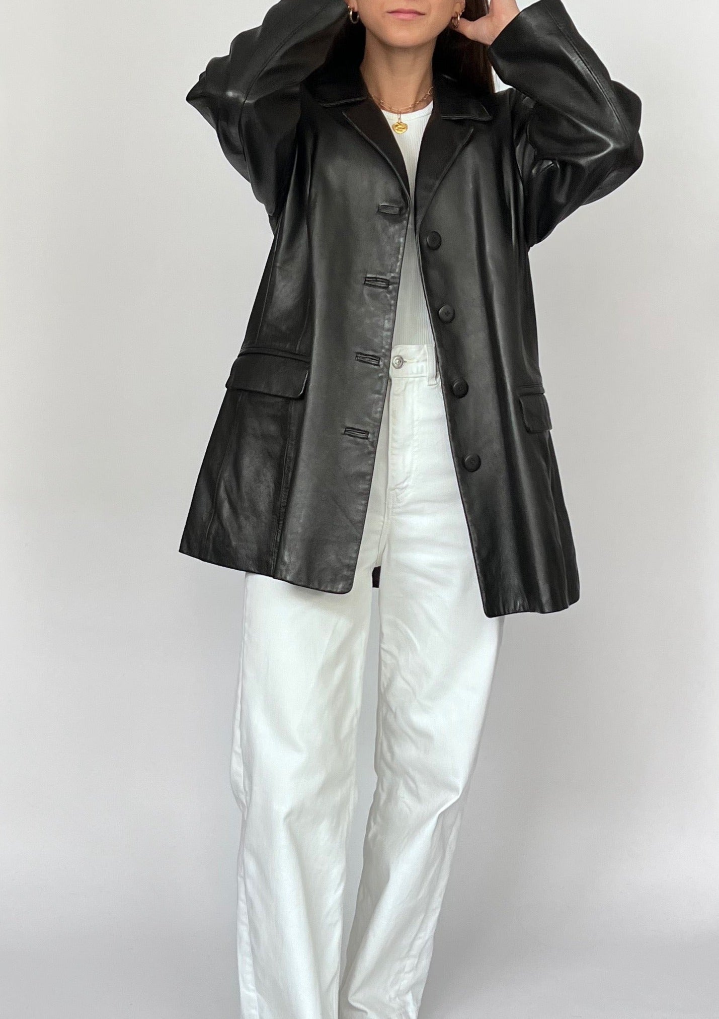 90s Black Leather Longline Jacket S/M