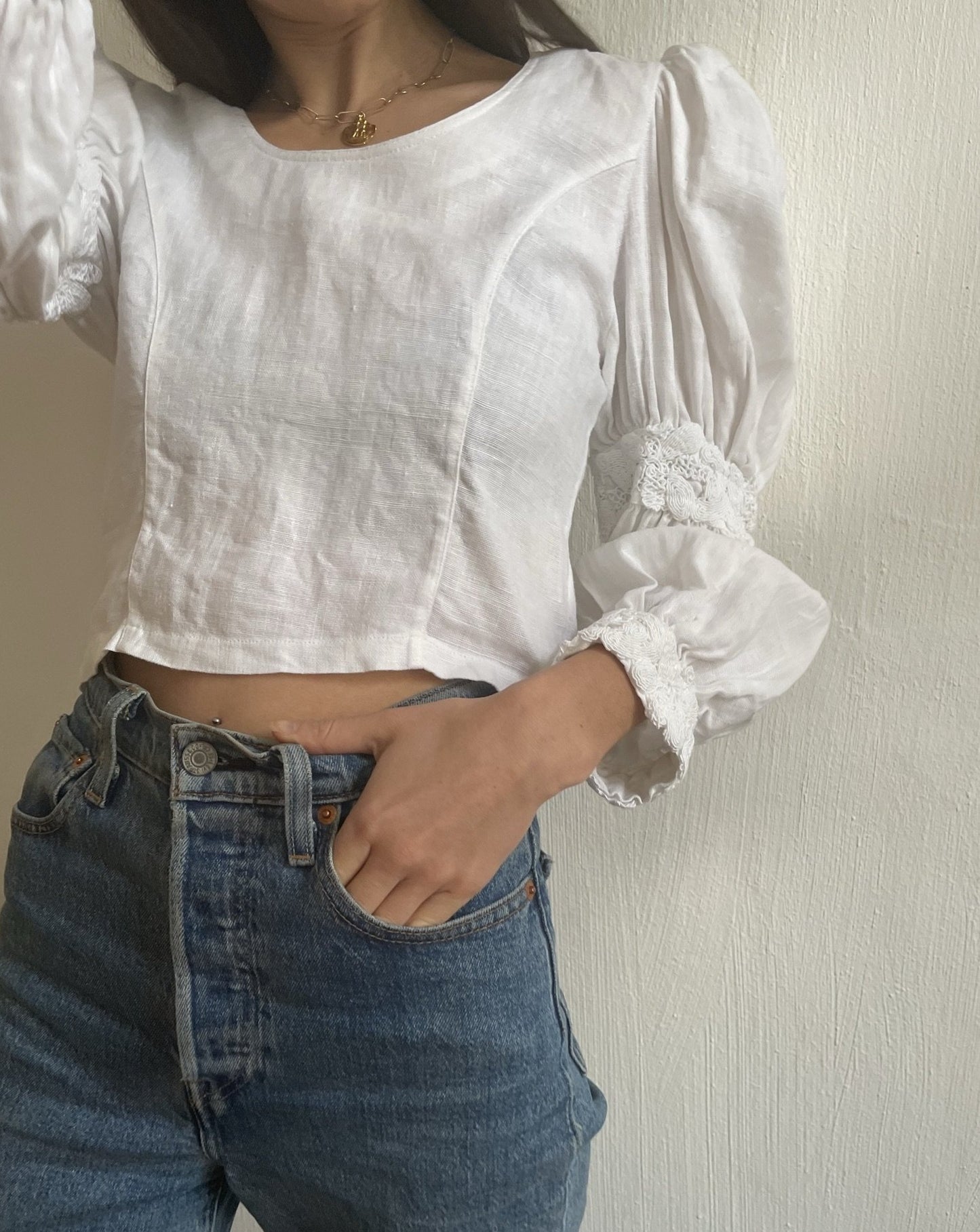 Vintage Linen Volume Puff Sleeve Button Detail Cropped Top Size S