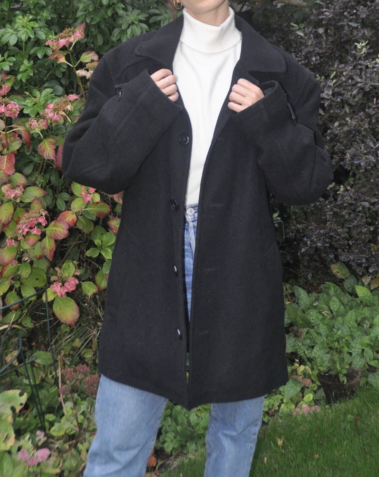 Vintage Black Wool Oversized Wool Cashmere Pea Coat Size 8-12